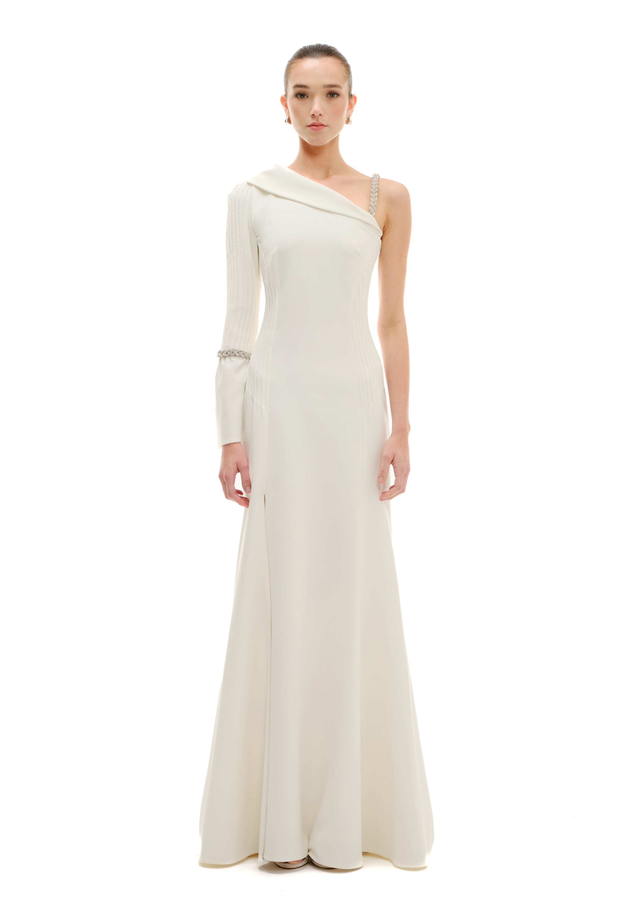 ONE SHOULDER CRYSTAL BRAIDED MAXI DRESS