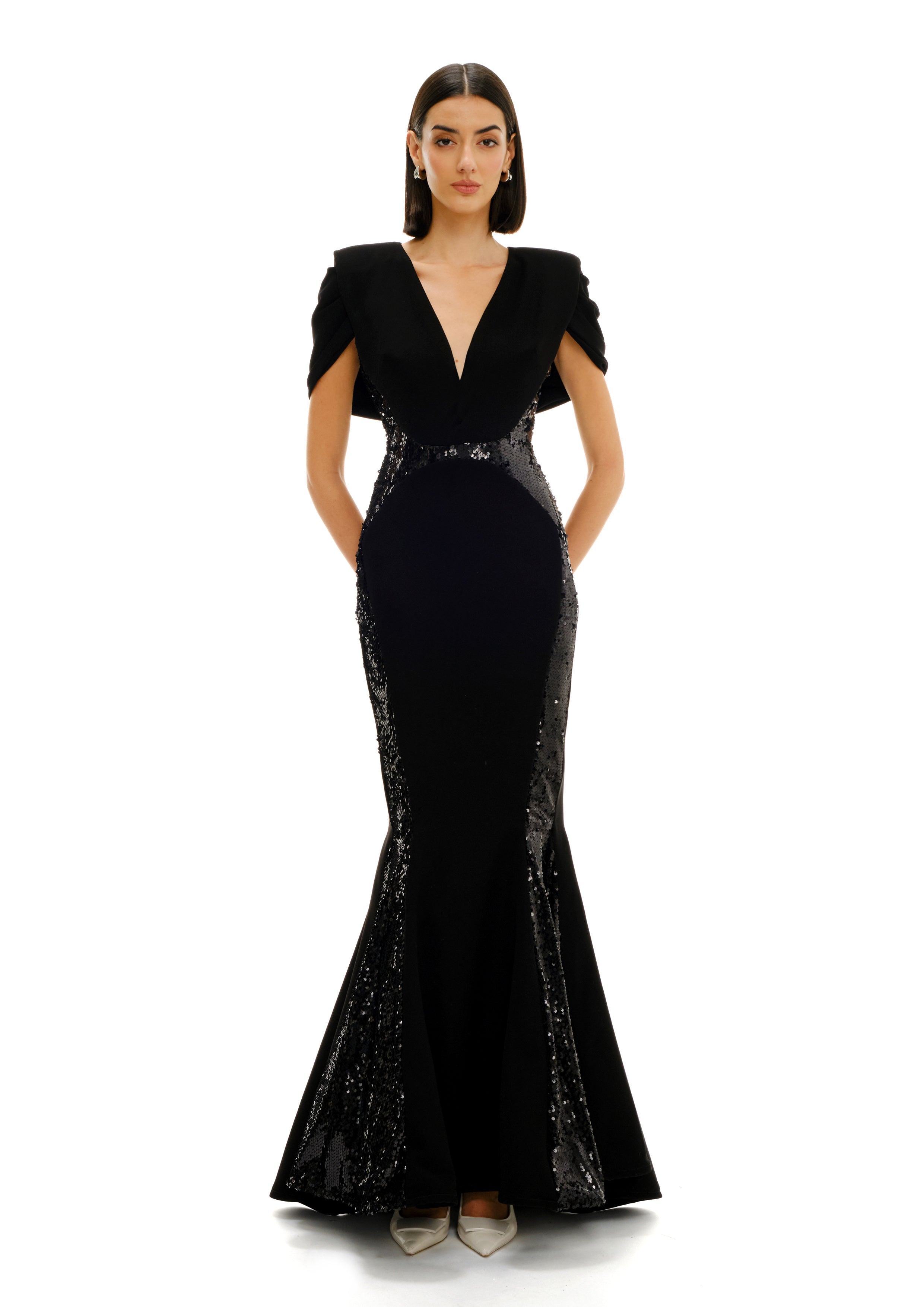 V NECK MERMAID GOWN WITH SEQUIN INSERTS