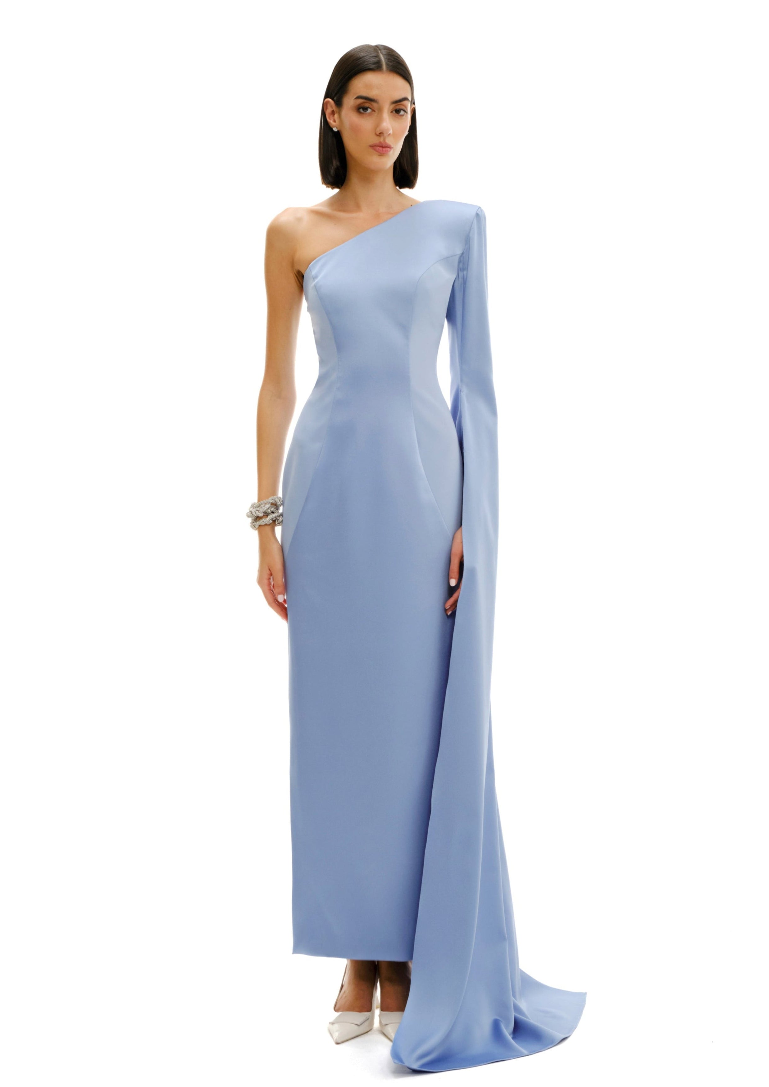 One-shoulder shadow maxi dress, Avaro Figlio SS26 light study front view