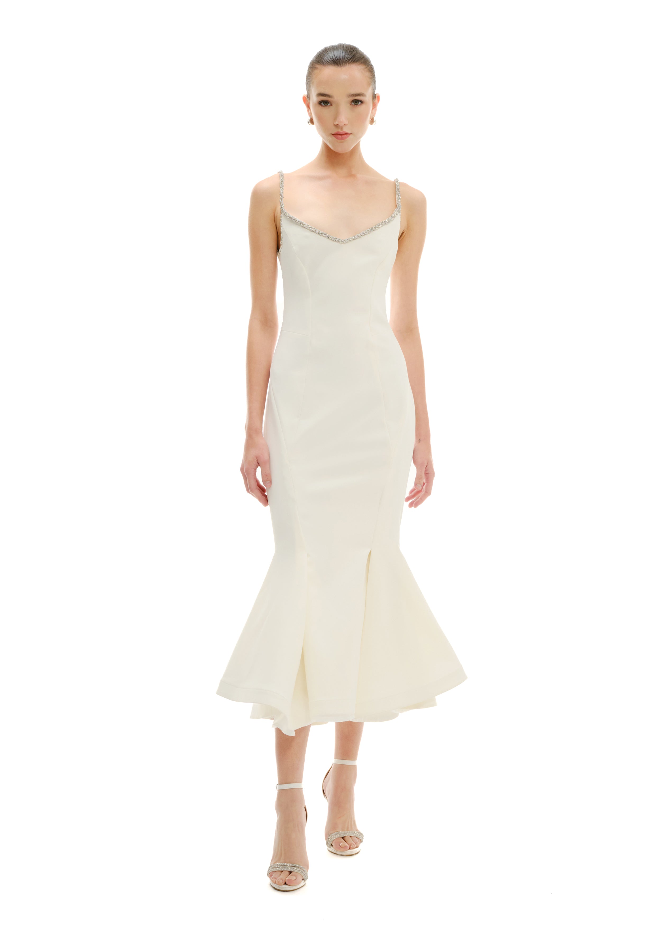 Ilary tulip midi dress in white, Avaro Figlio SS26 structured silhouette front view