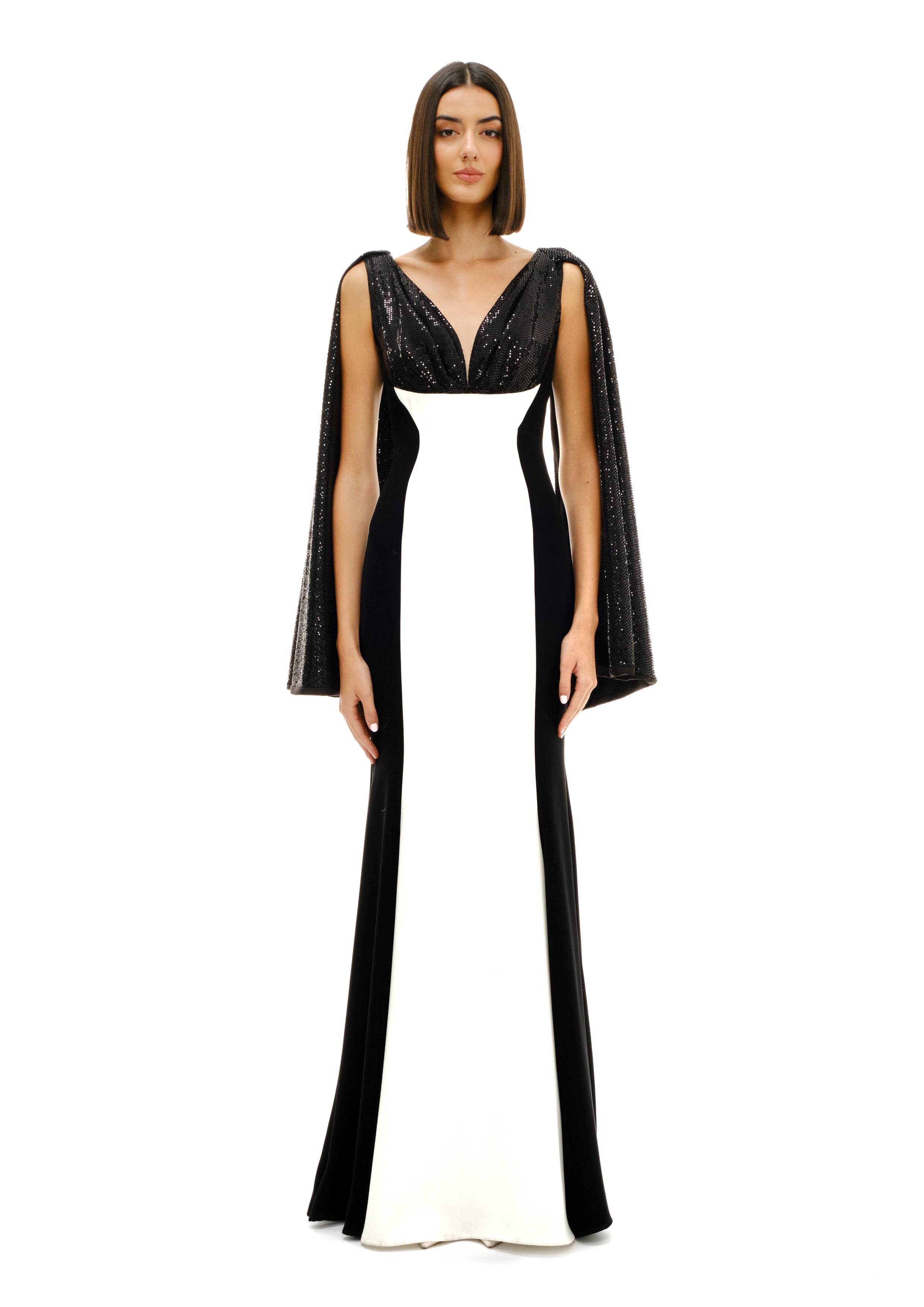 BLOCK COLOR GOWN WITH CAPE