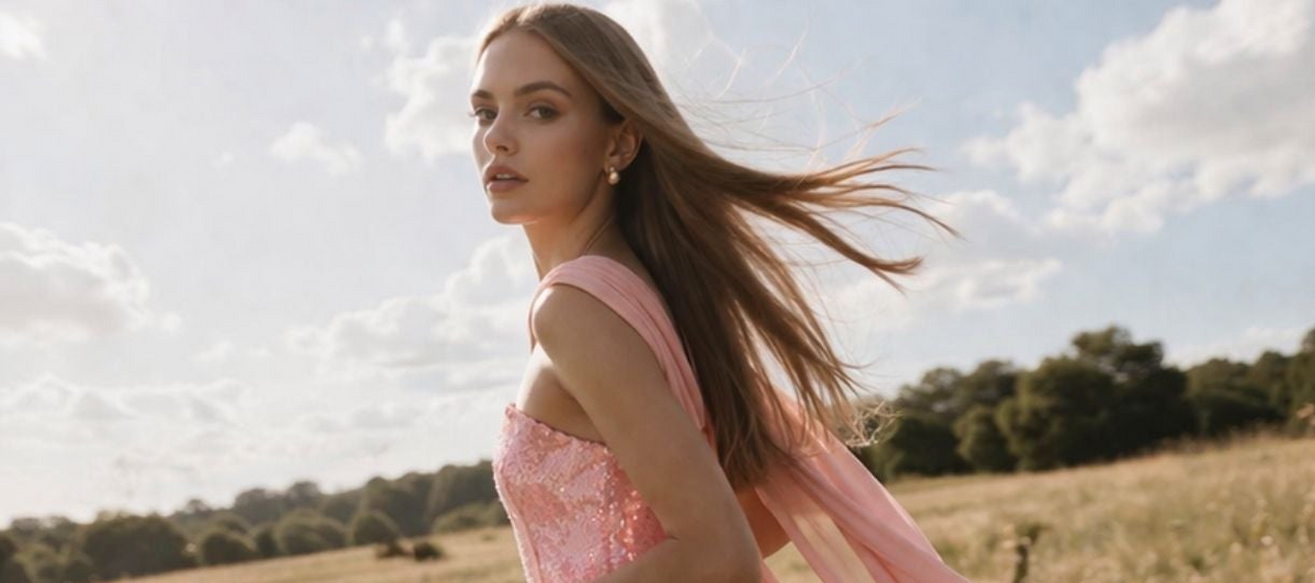 Woman in a pink dress standing in a field with a clear sky.