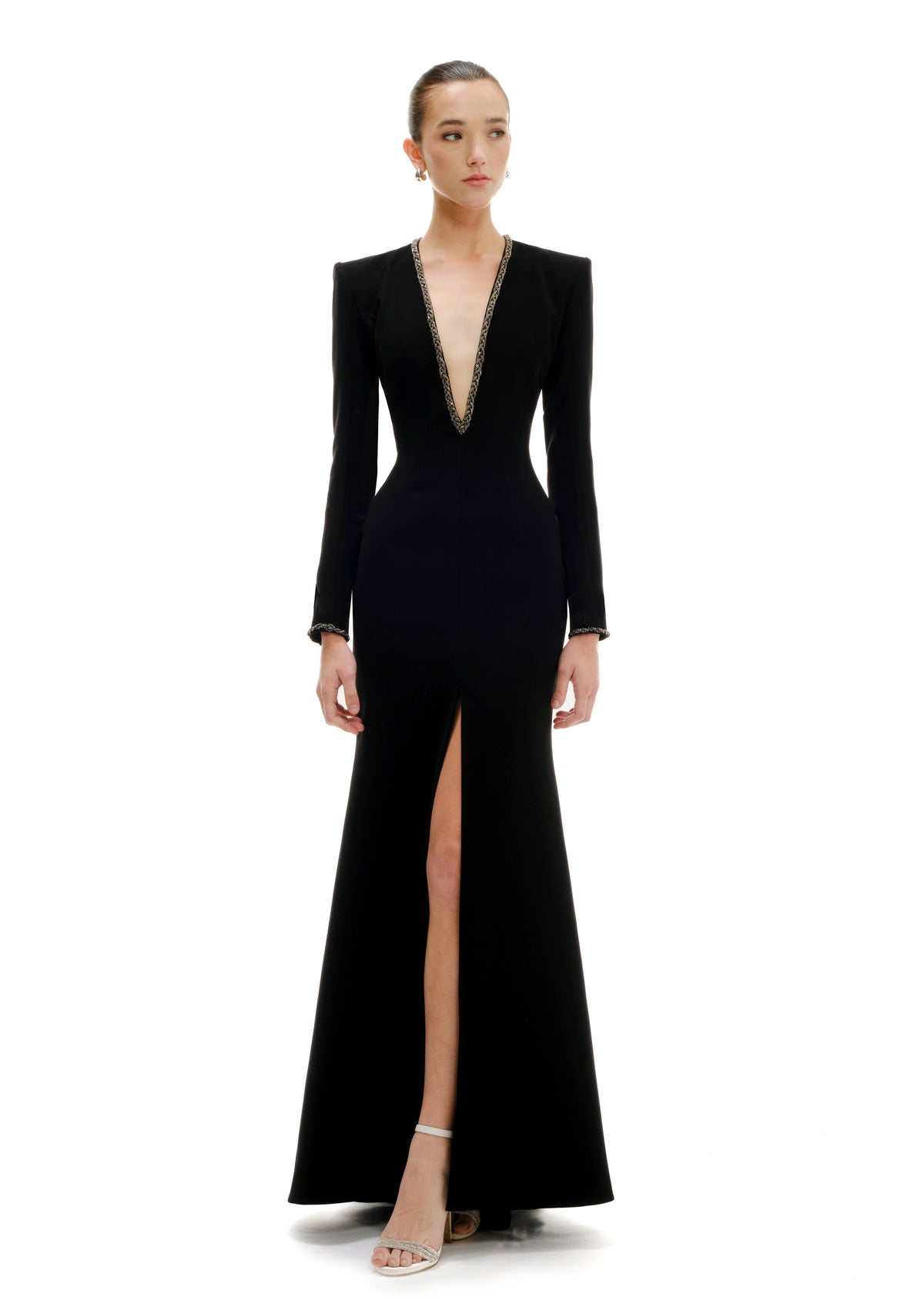 Tailored suited silhouette maxi dress with long sleeves, SS26 black & white edit