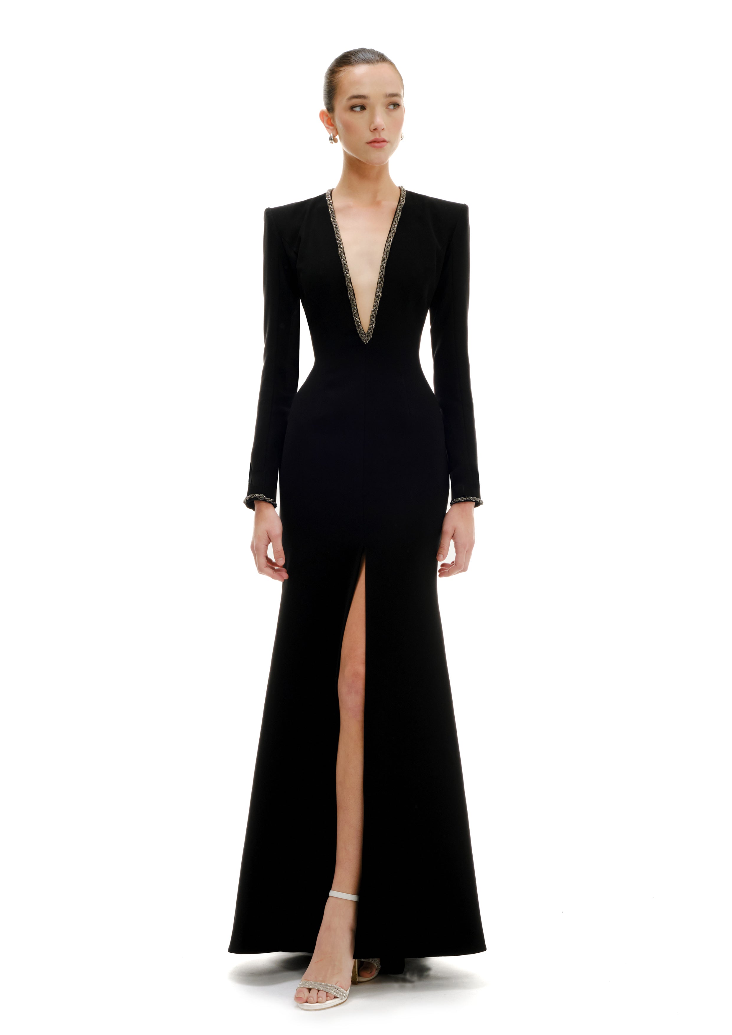 Tailored suited silhouette maxi dress with long sleeves, SS26 black & white edit