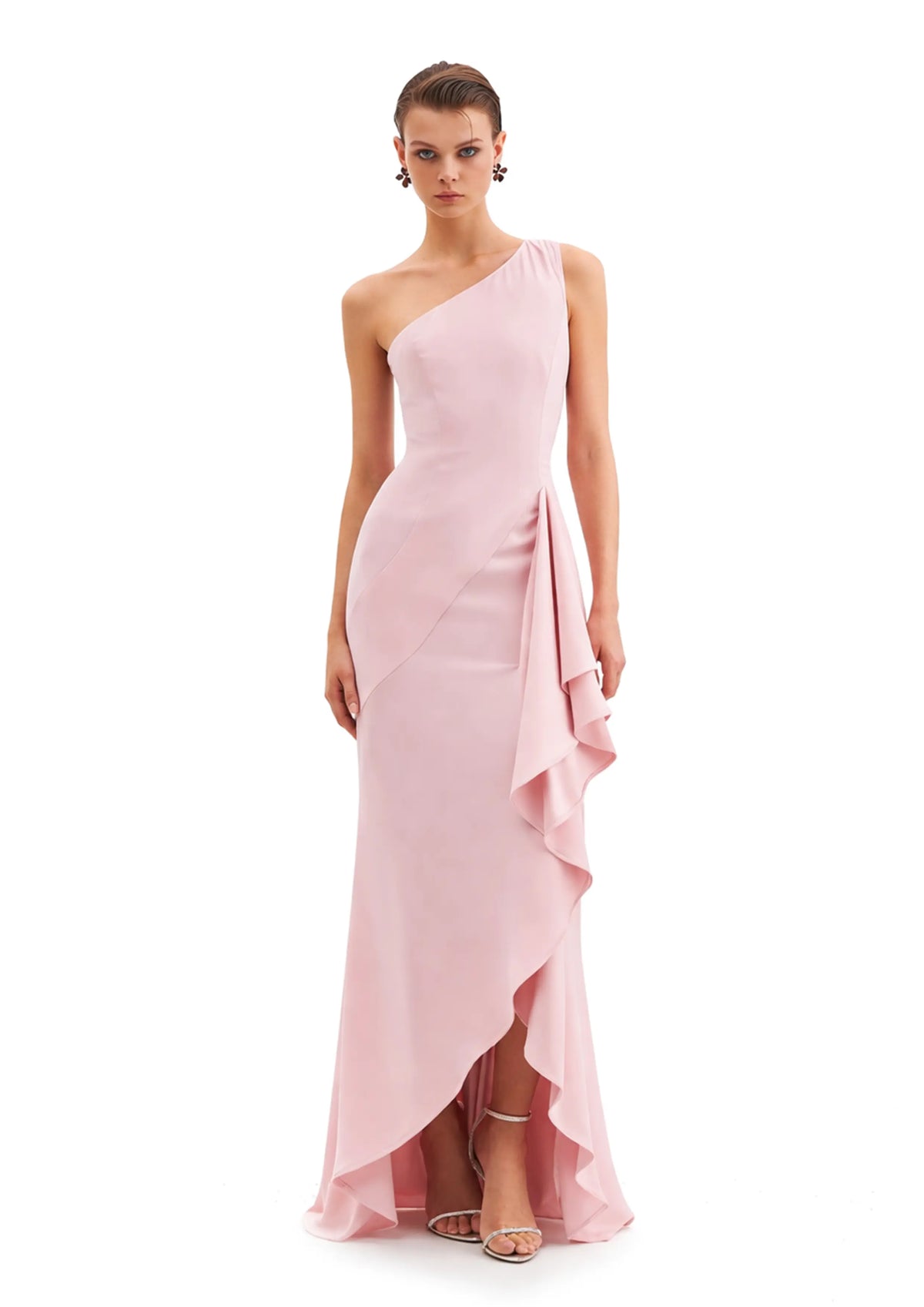 Avaro Figlio petal pink floor length asymmetric gown worn by model