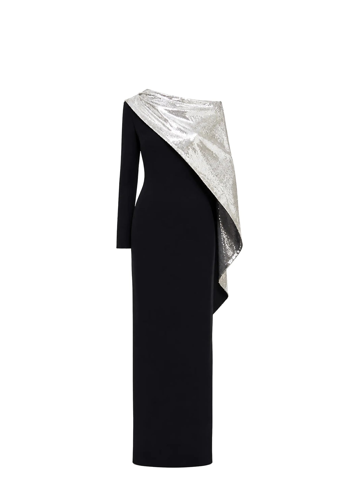 A black long-sleeve maxi dress with an asymmetrical draped silver sequin fabric over one shoulder, shown against a plain white background.