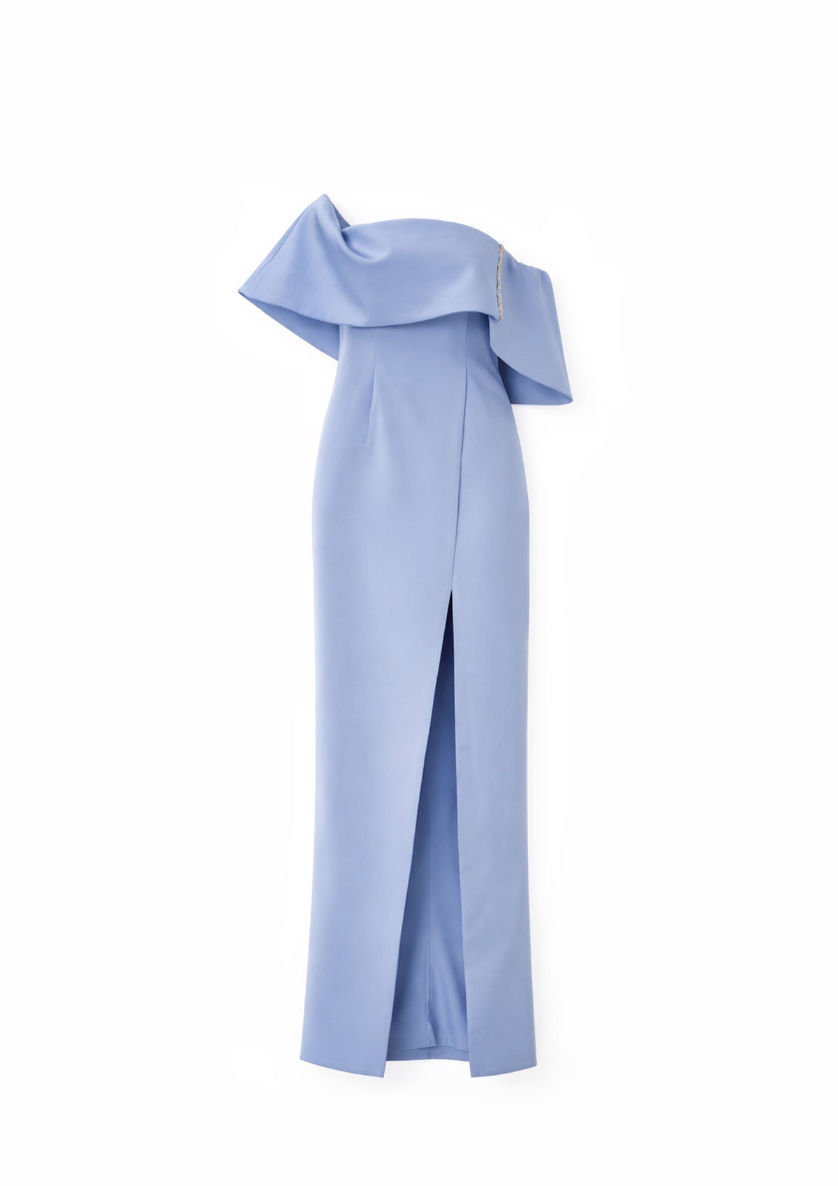 Avaro Figlio celestial blue off-shoulder gown with a slit on a white background