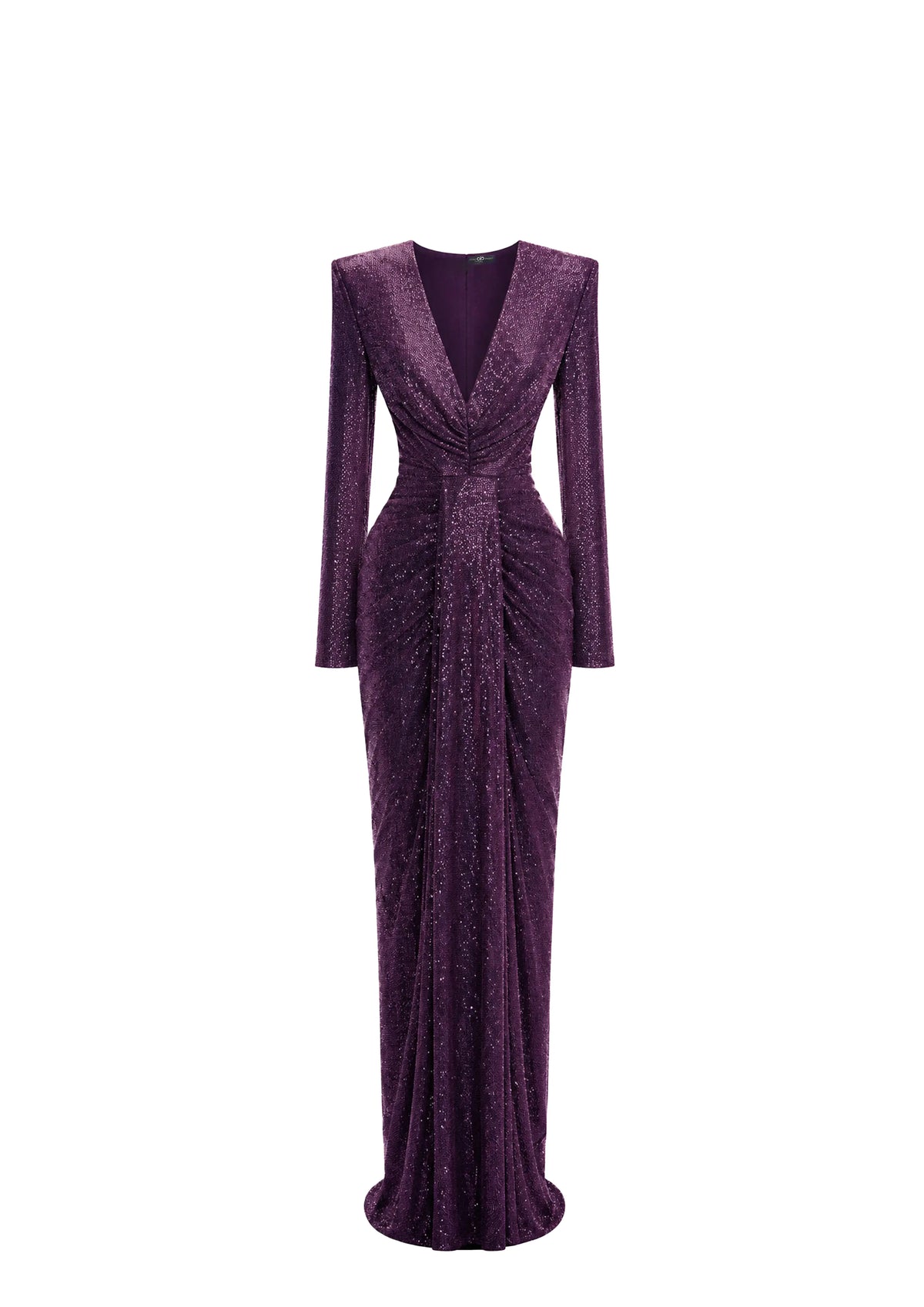A floor-length, long-sleeve Avaro Figlio evening gown in deep purple with a textured, glittering fabric and a draped wrap-style bodice, shown against a plain white background.