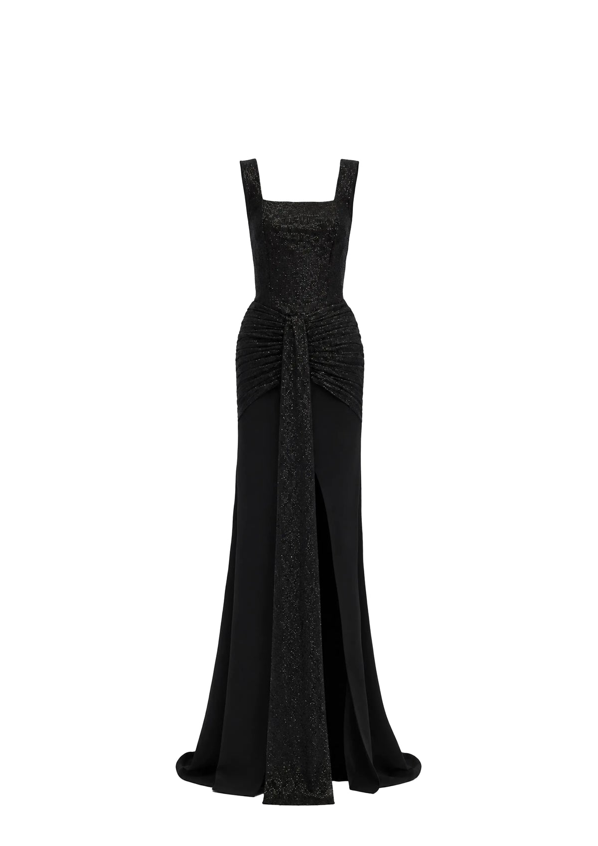 Avaro Figlio floor-length black evening gown with a structured bodice, square straps, a draped waist detail, and a front slit, shown on a plain white background.