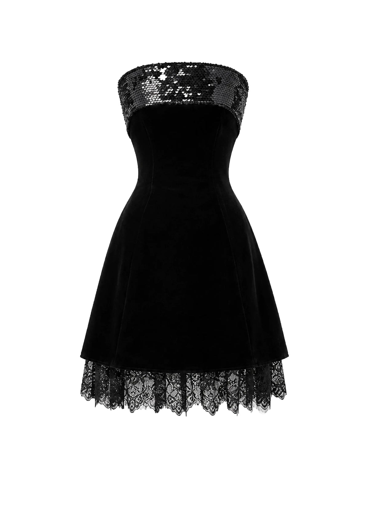 Avaro Figlio black strapless dress made of velvet with a sequined bodice and a lace hem, shown against a plain white background.