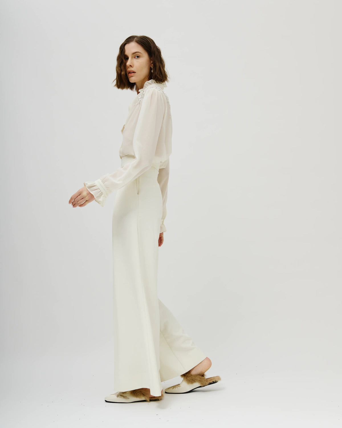 Model wearing Bianca vanilla Trousers