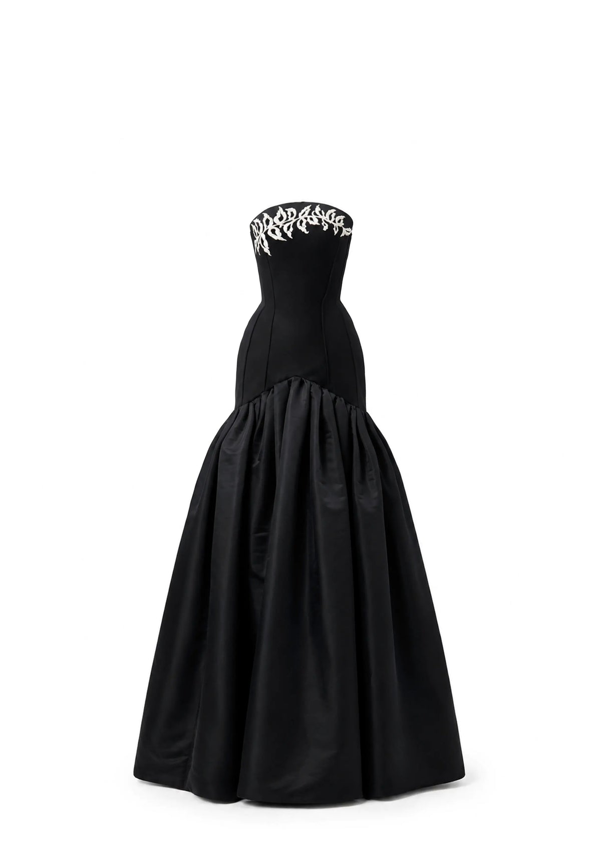 Avaro Figlio strapless black formal gown with a structured bodice, a dramatic flared skirt, and a decorative silver embroidered or beaded neckline, shown against a plain white background.