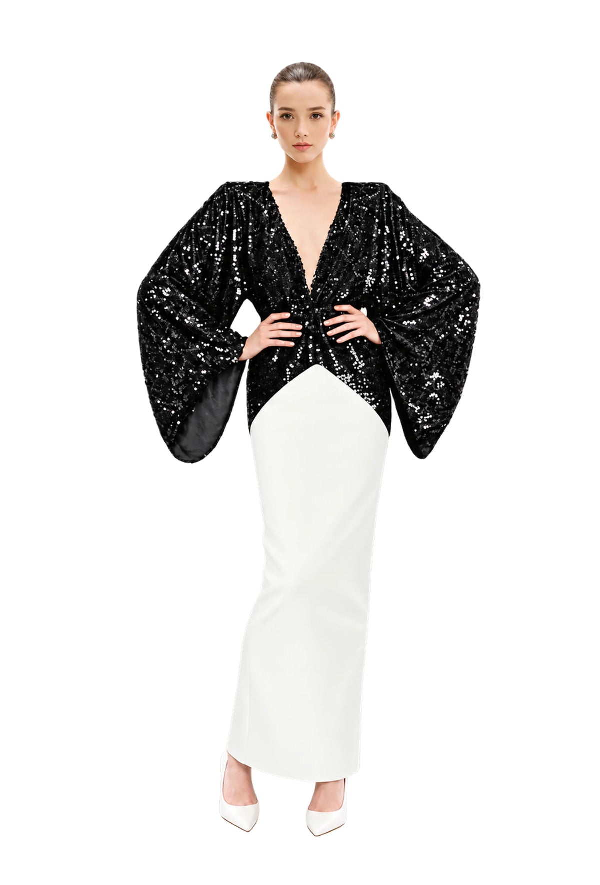 Black sequin kimono dress featuring stunning sequined sleeves and a sleek white cady skirt, perfect for eveningwear.