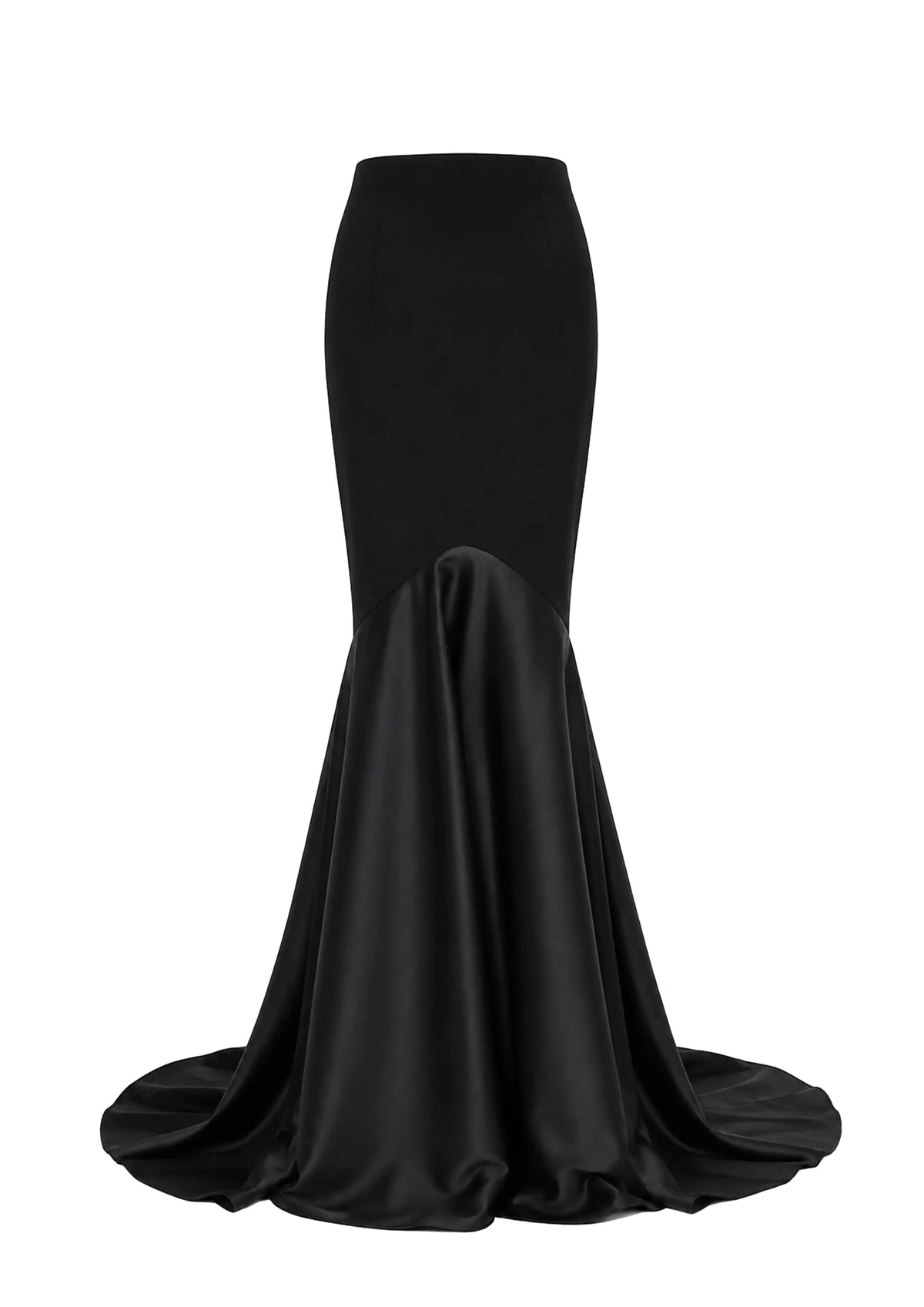 Avaro Figlio black mermaid-style gown with a structured bodice and a flowing satin-like skirt that pools slightly at the base, shown on a plain white background.