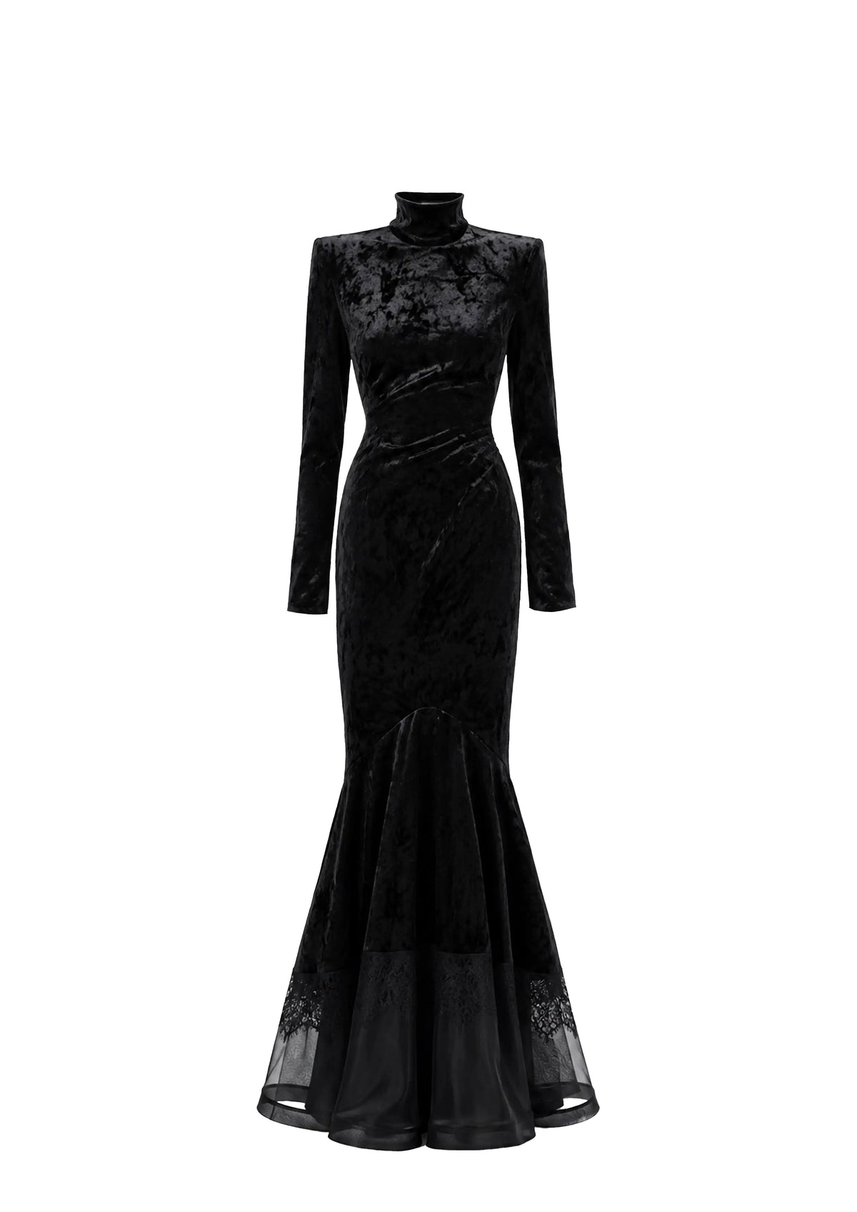 Avaro Figlio black long-sleeve velvet mermaid gown with a high mock neck and sheer lace hem, shown on a plain white background.