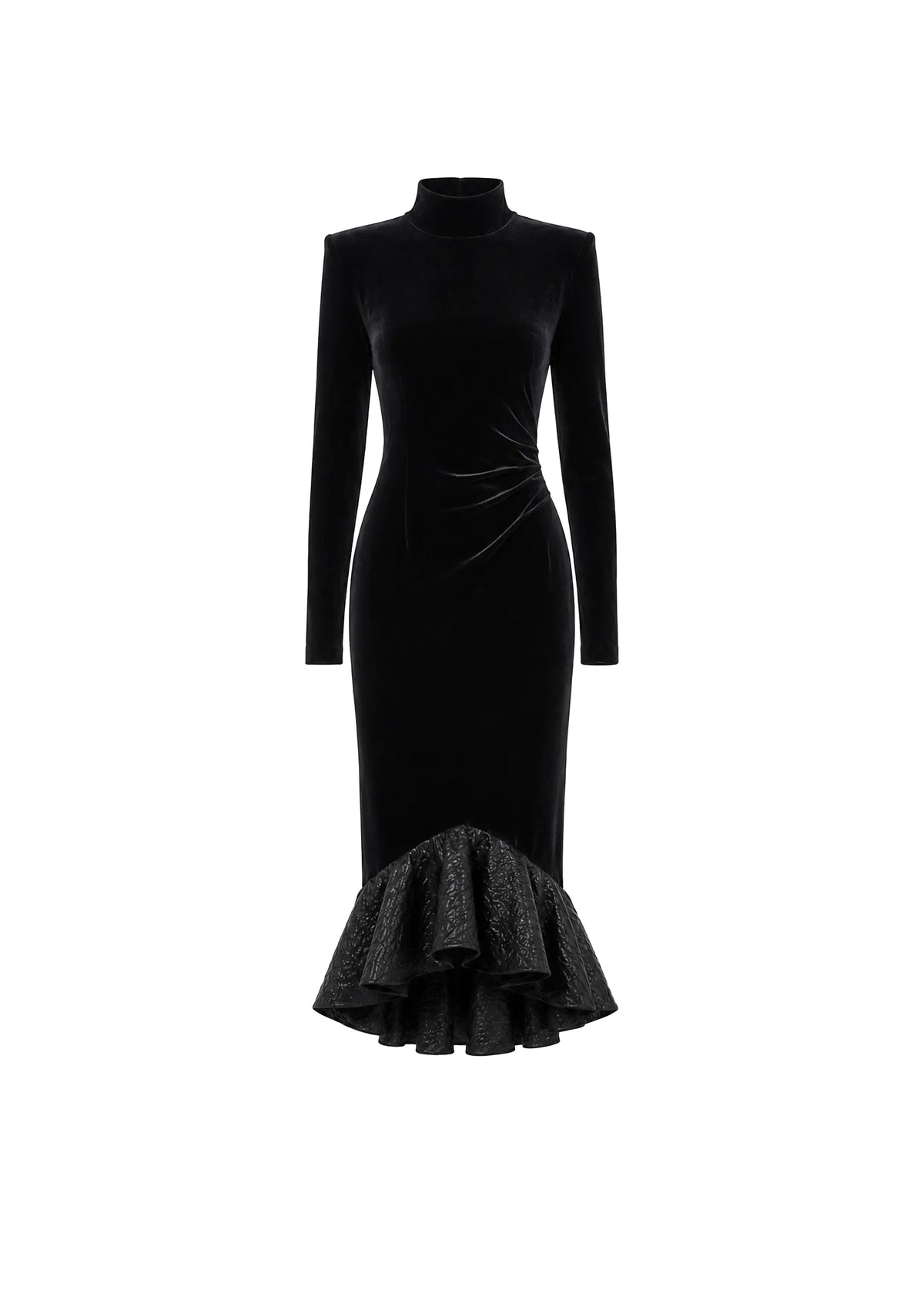 Avaro Figlio black long-sleeve velvet midi dress with a mock neck and a textured ruffled hem, shown on a plain white background.