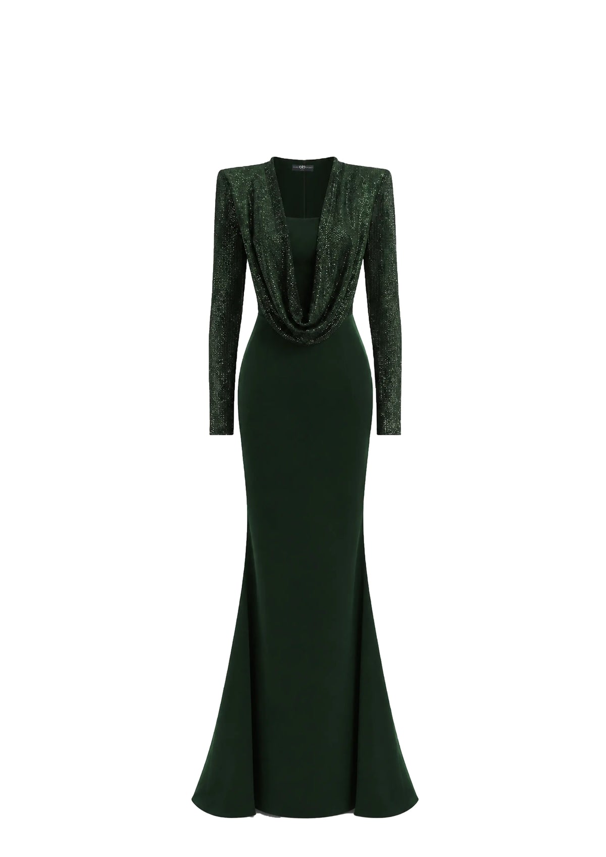 Avaro Figlio dark green long-sleeve evening gown with a textured, glittery cowl neckline and draped bodice, fitted through a flared skirt, shown against a plain white background.