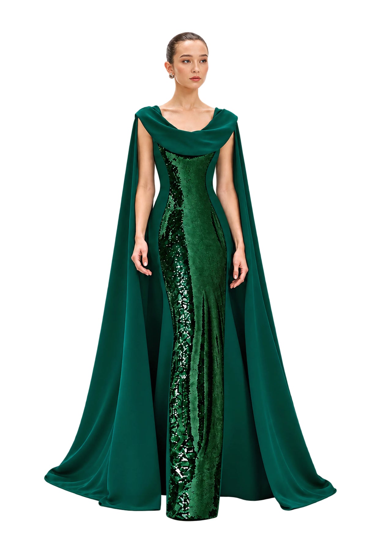 A model wearing a floor-length Avaro Figlio forest green gown with a draped cape and a vertical sequined panel down the front, photographed against a light gray studio background.