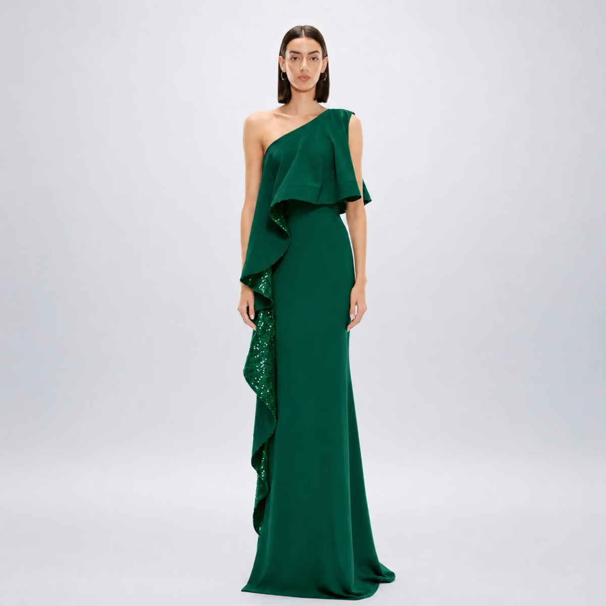 model wearing avaro figlio fall winter 26 forest green sequin one-shoulder maxi dress front