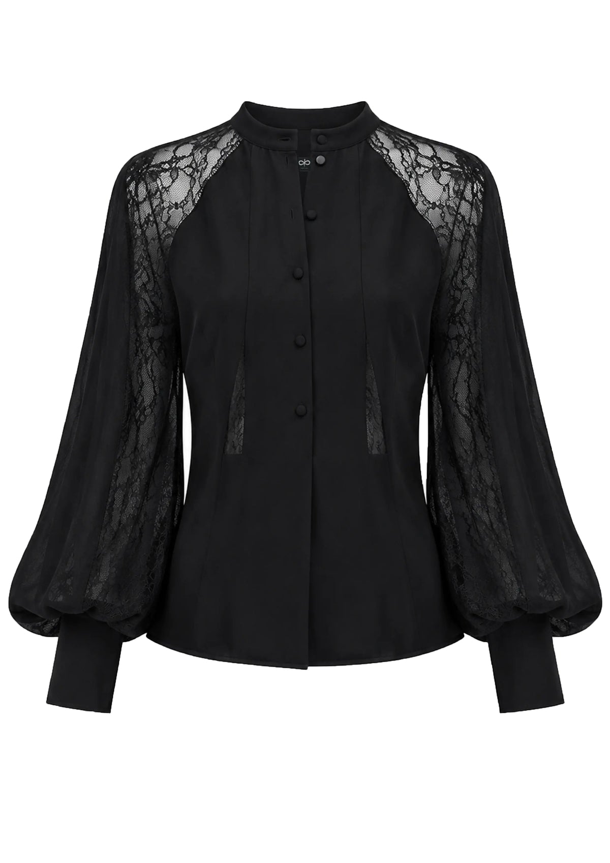 Avaro Figlio black long-sleeve blouse featuring sheer lace panels on the upper chest and sleeves, a button-up front, and a high mock neck, shown against a plain white background.