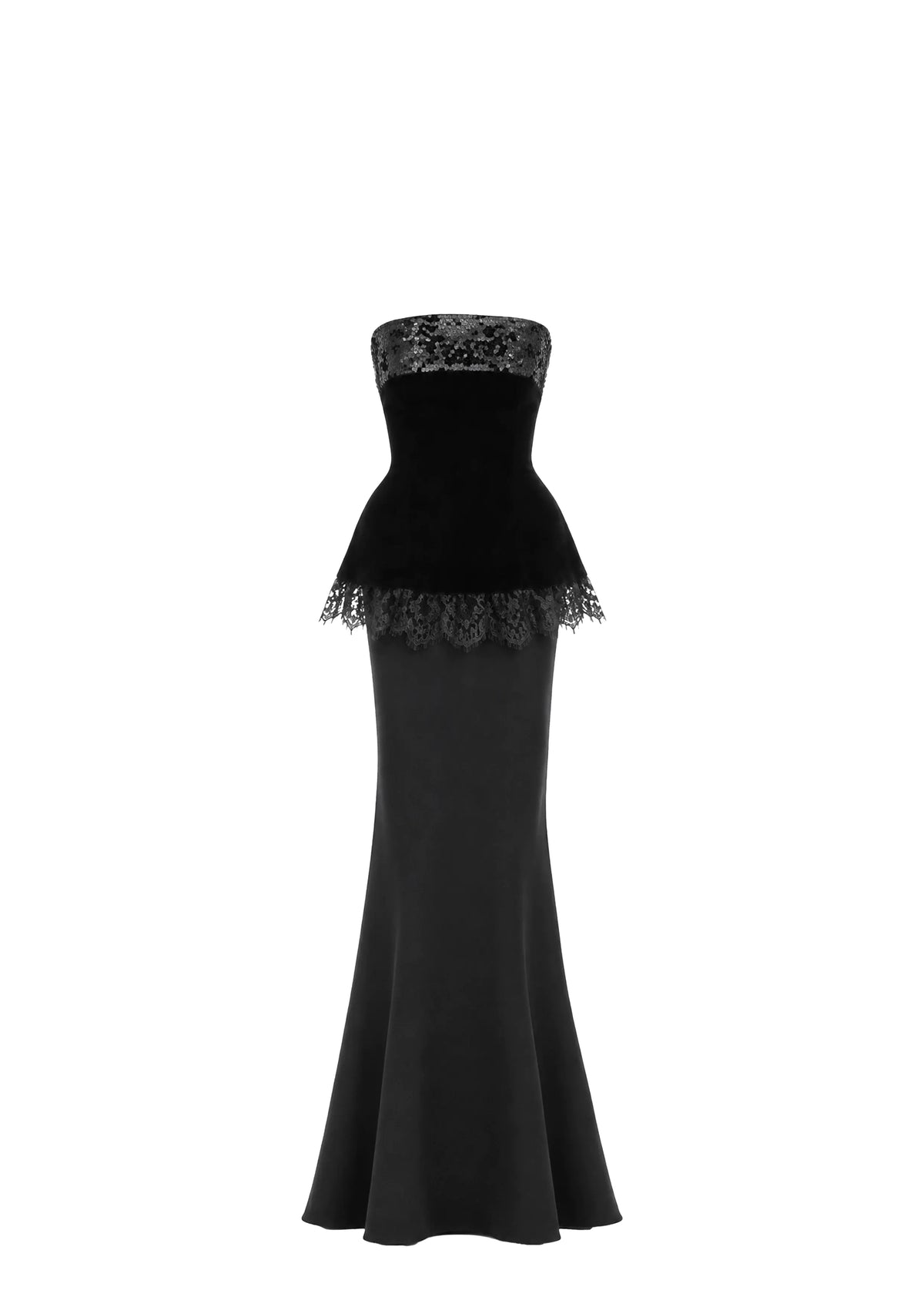 A strapless Avaro Figlio black evening gown with a lace-trimmed peplum waist and flared skirt, shown against a plain white background.