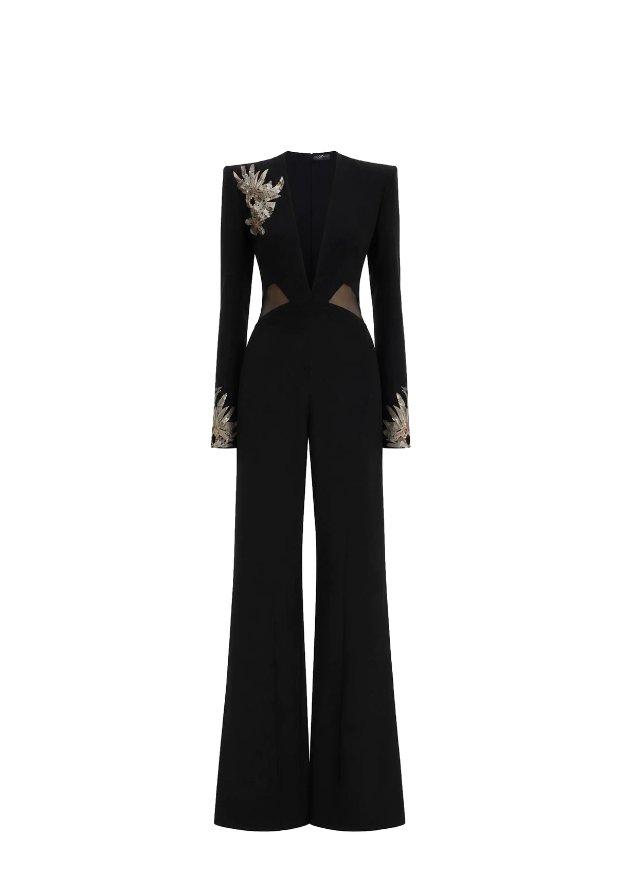 A black long-sleeve Avaro Figlio jumpsuit with dramatic gold embroidered details on the shoulders and cuffs, featuring a deep V-neckline with sheer mesh panels at the waist, shown against a plain white background.