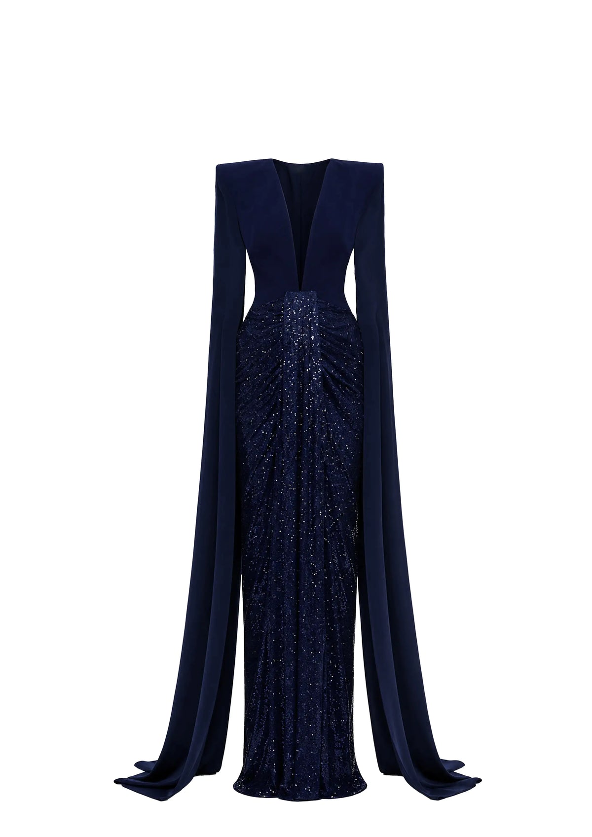 Avaro Figlio floor-length navy blue evening gown with a plunging V-neckline, draped long sleeves, and a heavily embellished sequined ruched skirt, shown against a plain white background.