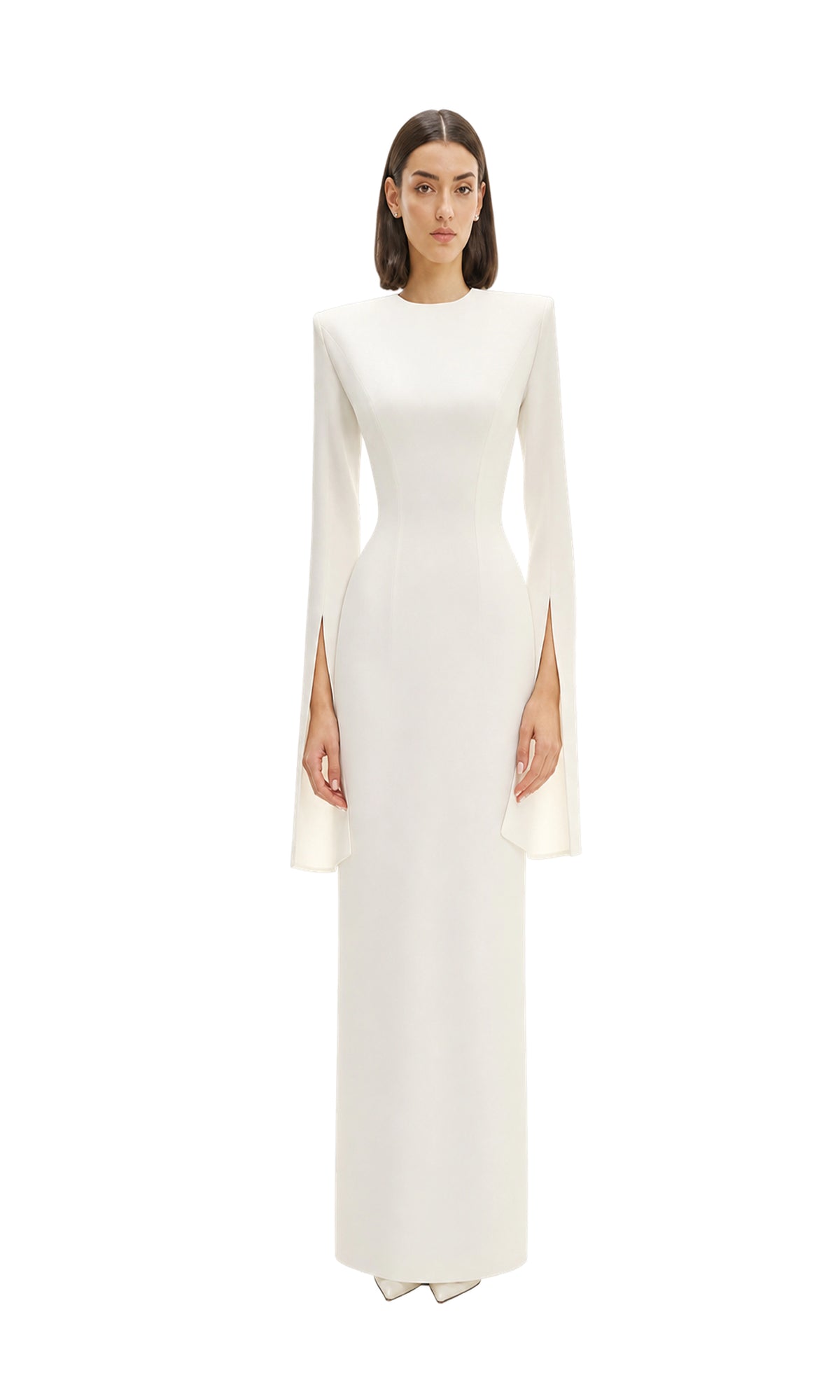 Model wearing a structured white cady maxi dress, showcasing its elegant design and silhouette.