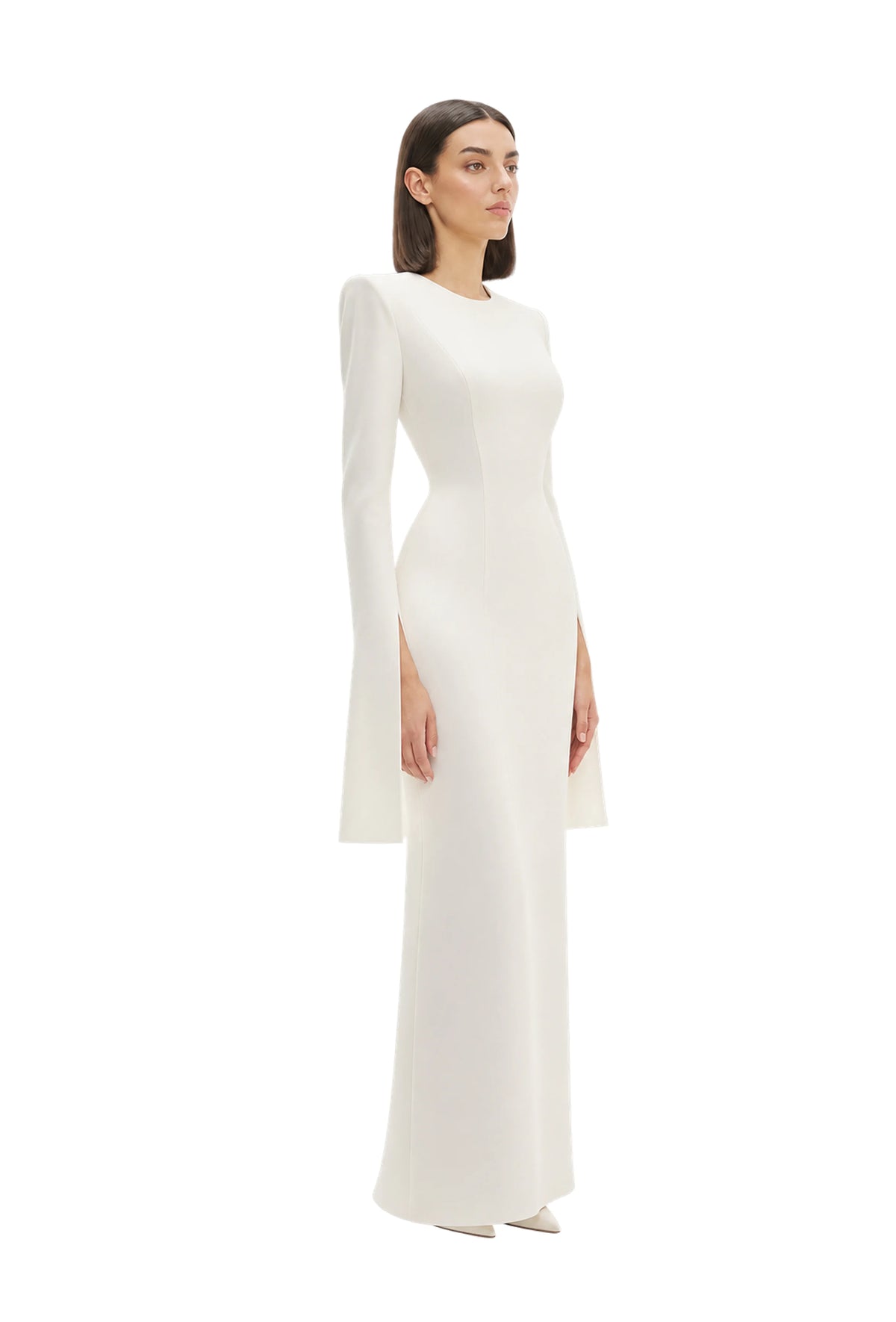 Structured white cady maxi dress displayed on a model, showcasing its elegant silhouette and sophisticated design.