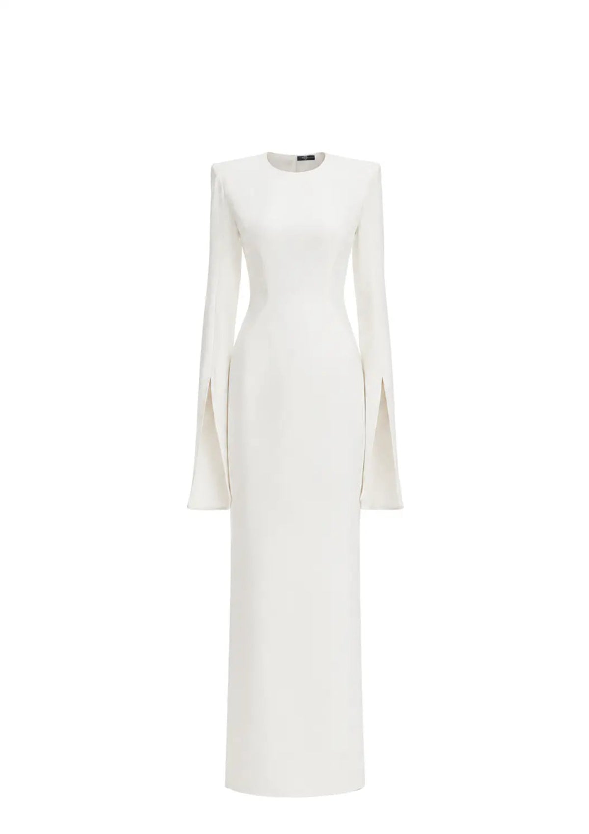 Structured white cady maxi dress with long sleeves and split details, showcasing a sculptural silhouette.