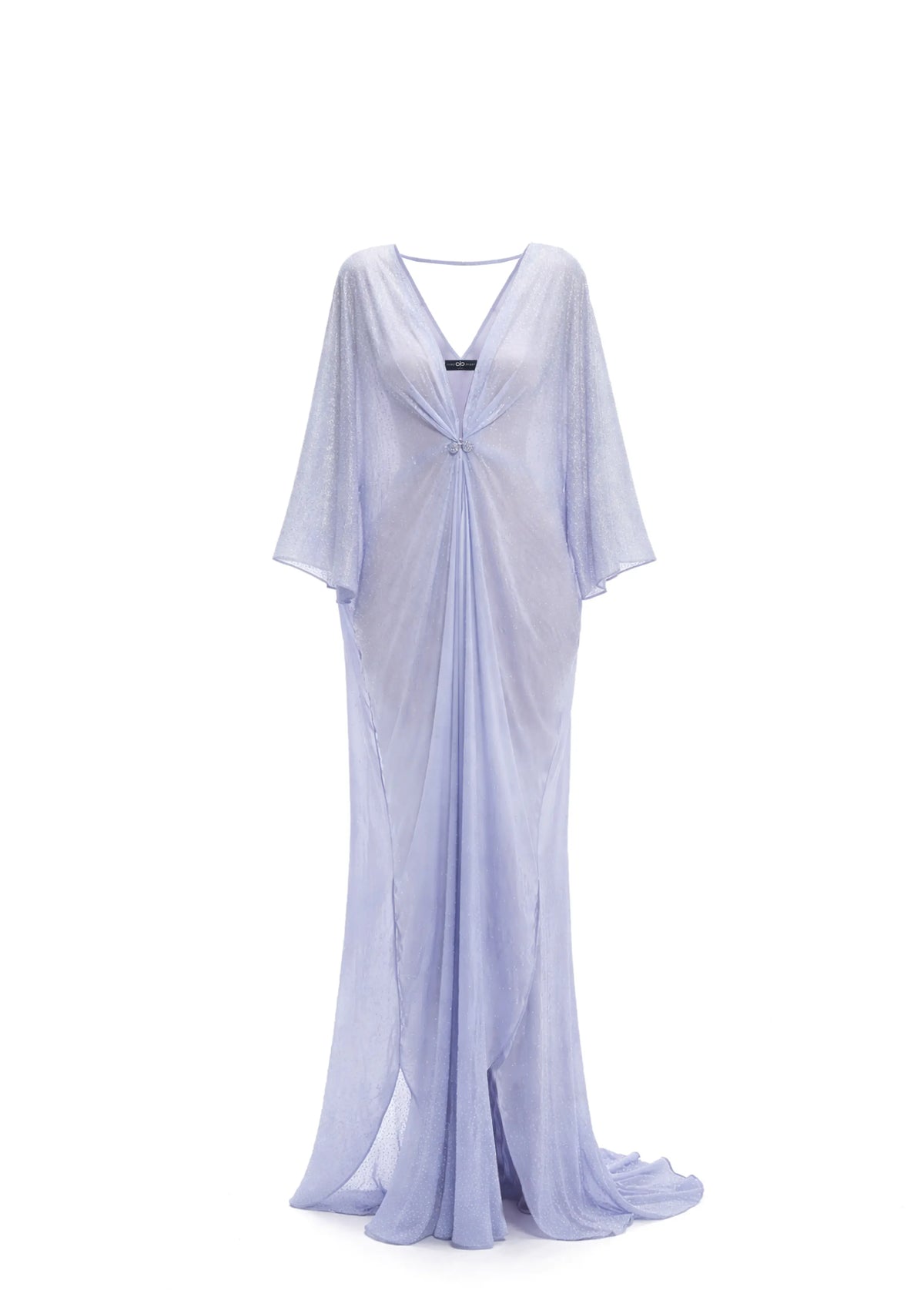 Avaro Figlio light celestial blue maxi caftan dress with a V-neckline, draped tie detail at the bust, and flowing sheer fabric, shown on a plain white background.