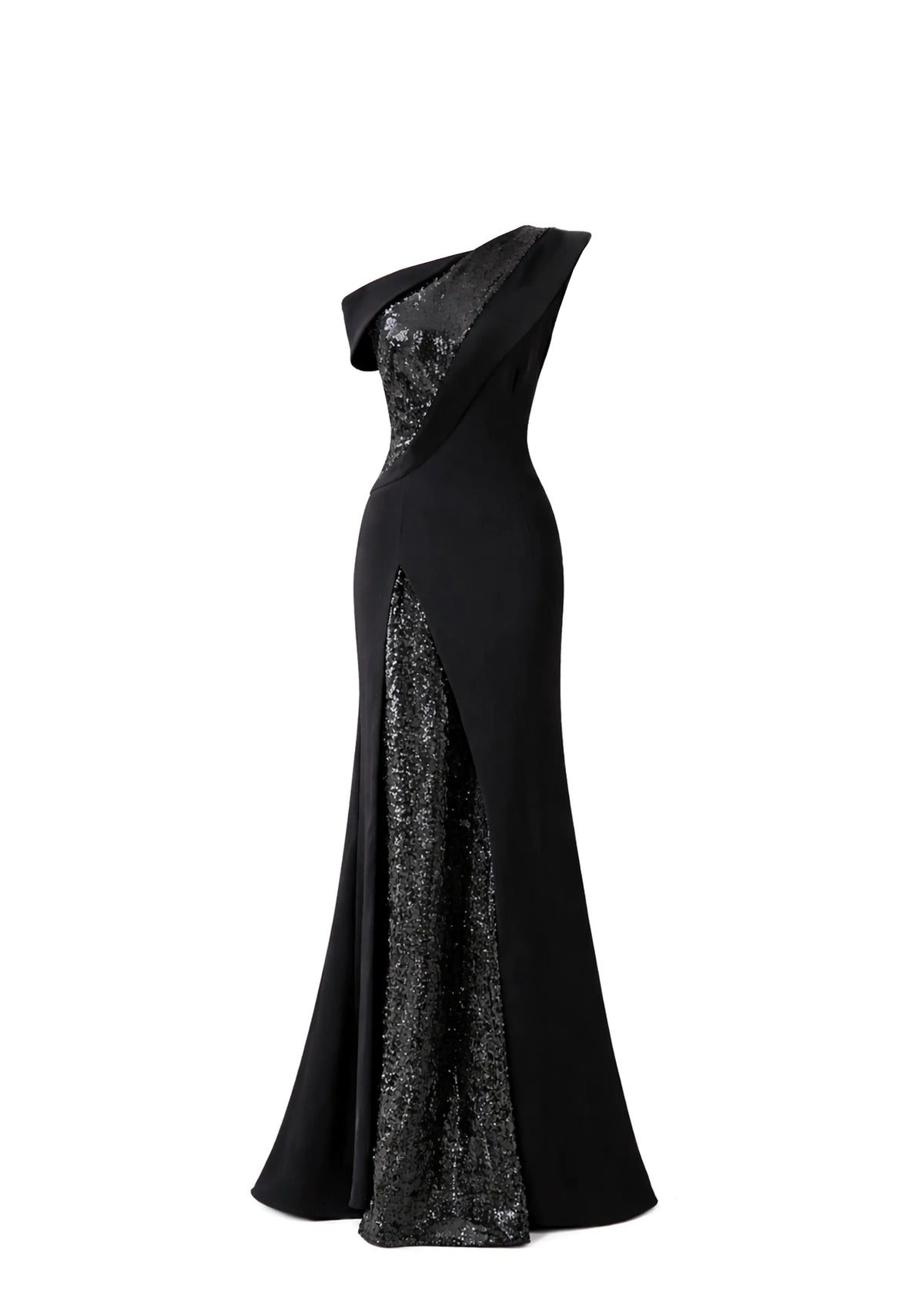 Avaro Figlio black one-shoulder sequin panel gown