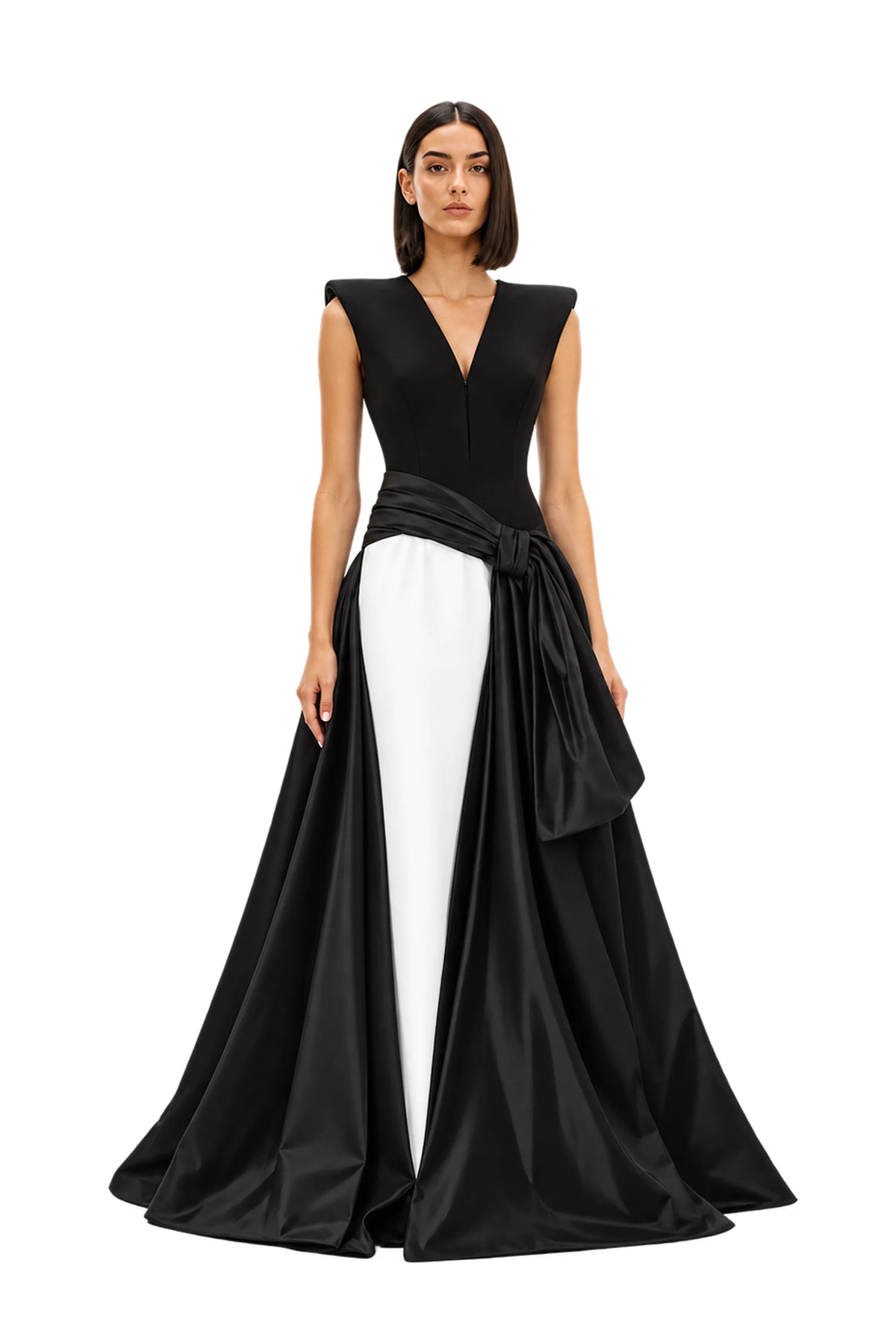 Model wearing a black and white avaro figlio formal gown with a structured black bodice, a wide black waist sash tied in a bow, and a flowing black skirt, displayed on a white mannequin against a white background.