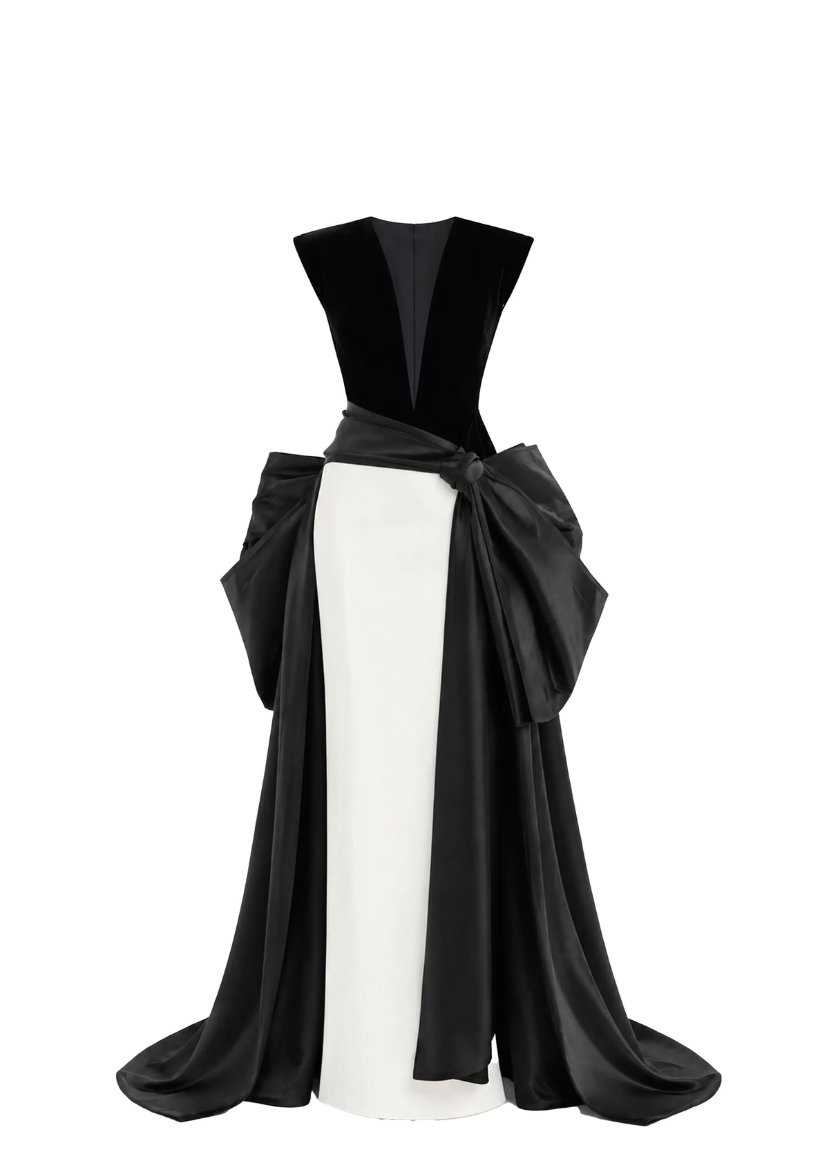 A black and white avaro figlio formal gown with a structured black bodice, a wide black waist sash tied in a bow, and a flowing black skirt, displayed on a white mannequin against a white background.