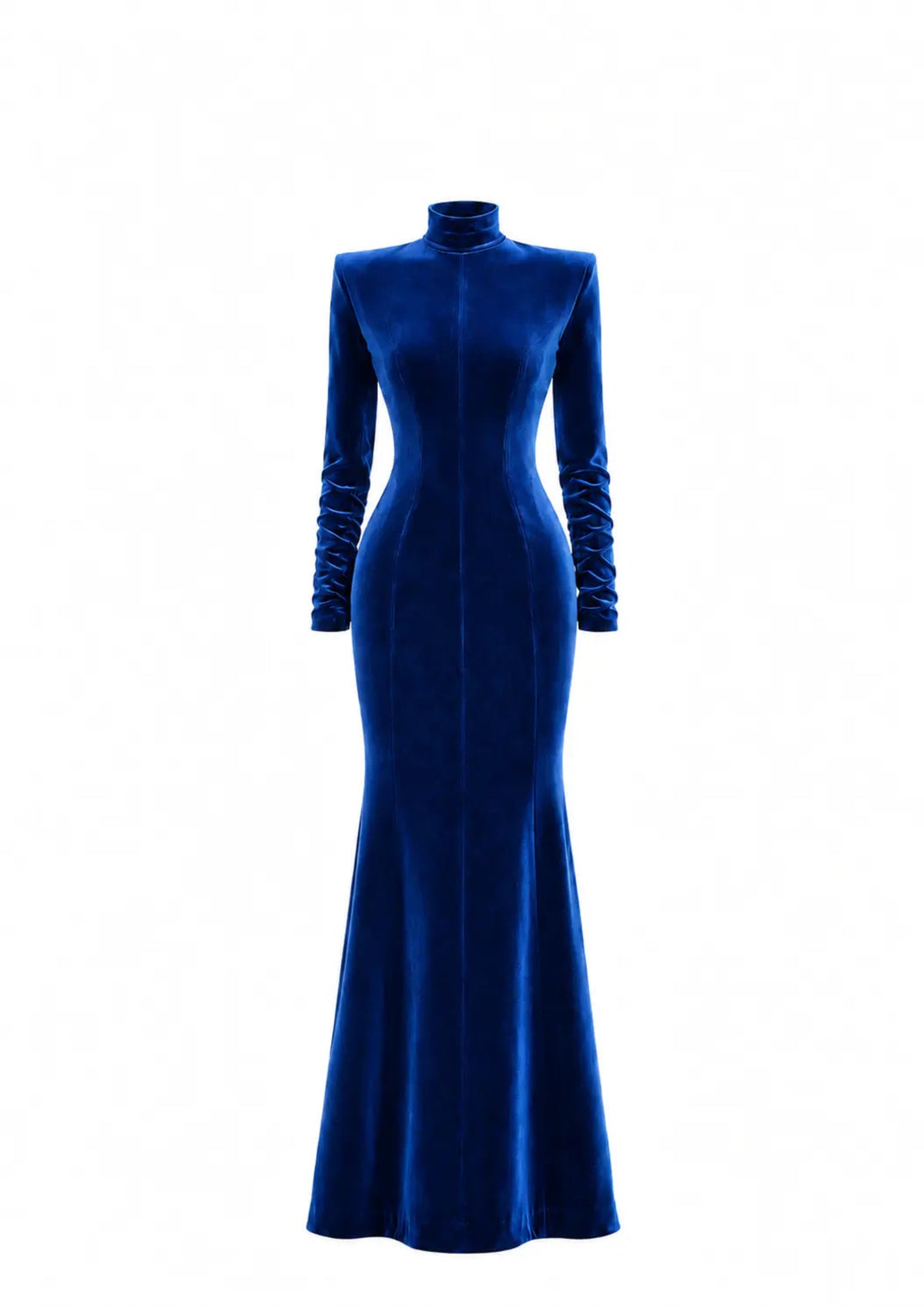 A royal blue velvet avaro figlio long-sleeve maxi dress with a mock neck and structured shoulders, displayed on a mannequin against a plain white background.