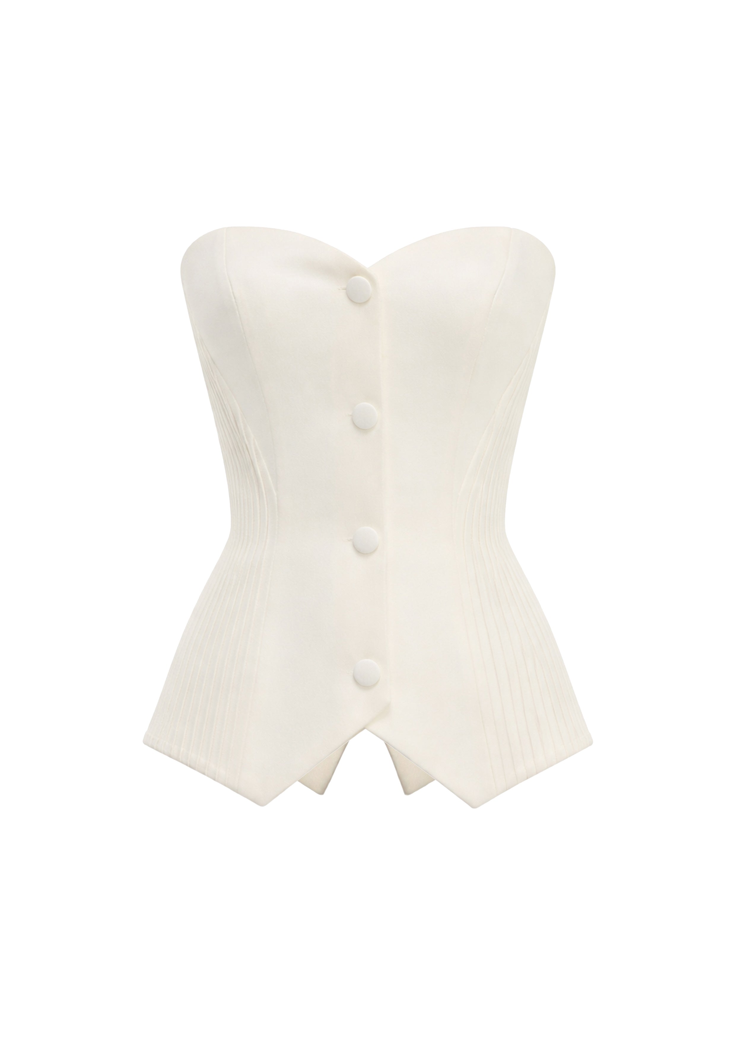 Avaro Figlio ivory ribbed bustier with sweetheart neckline, sculpted corset silhouette and front button detailing.