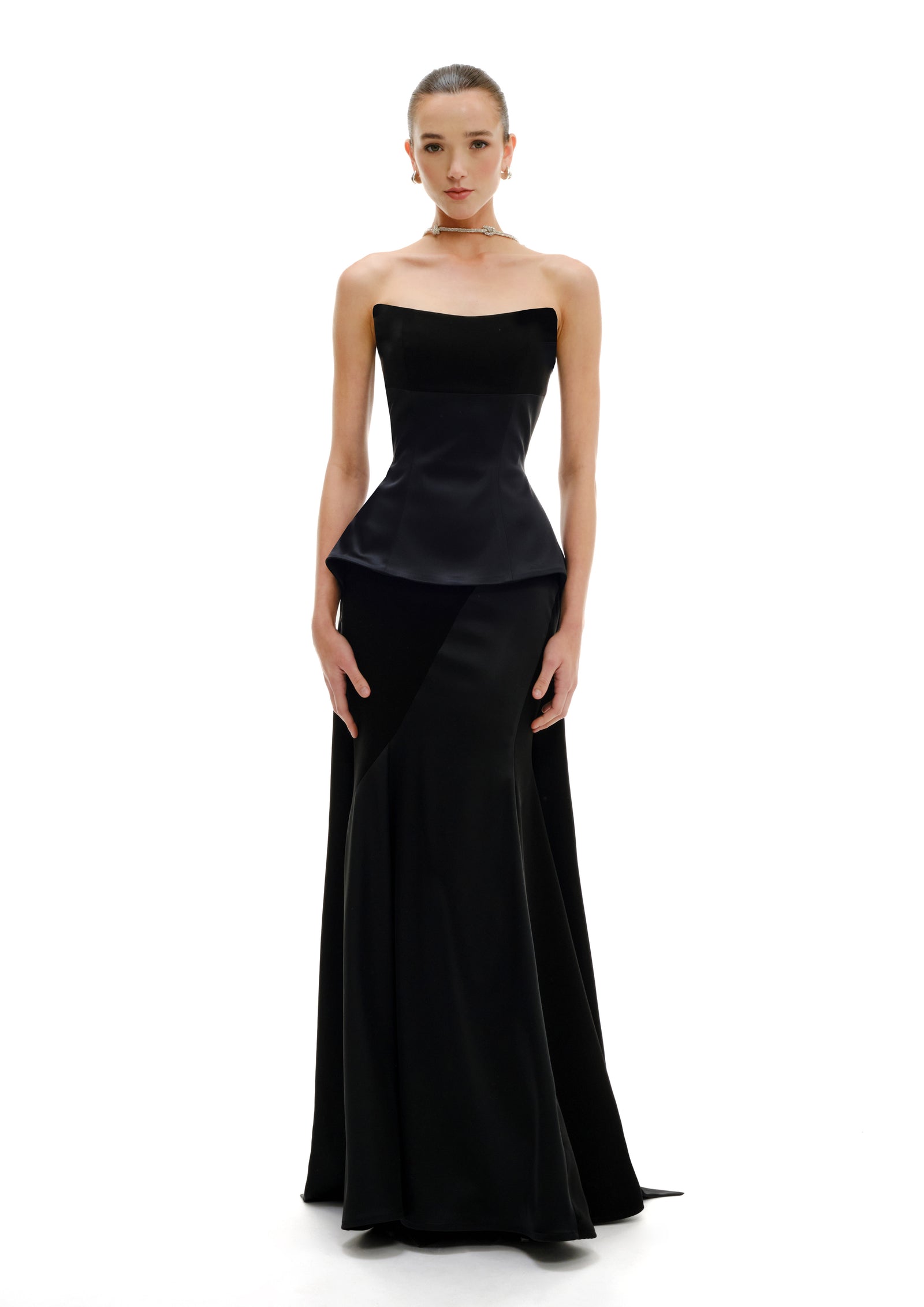 Peplum bustier maxi dress with sculptural queue, Avaro Figlio SS26 evening front view