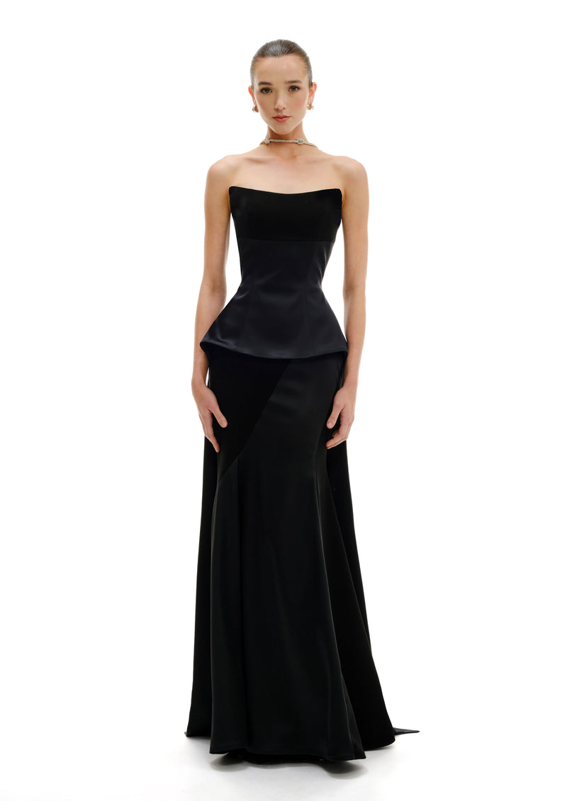 Peplum bustier maxi dress with sculptural queue, Avaro Figlio SS26 evening front view