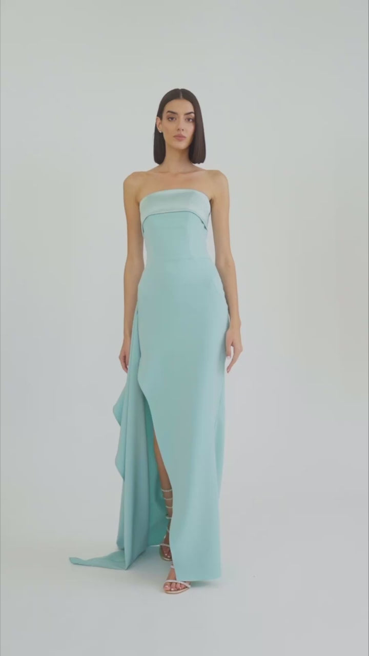 Strapless bustier maxi with slit, side view showing structured bodice, SS26