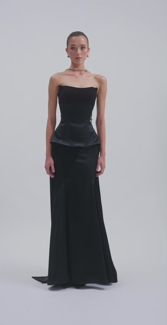 Peplum bustier maxi dress with sculptural queue, Avaro Figlio SS26 evening