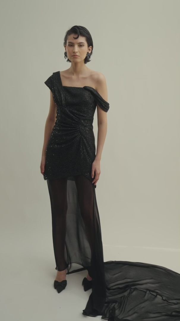 STARDUST DRAPED LONG DRESS VIDEO
