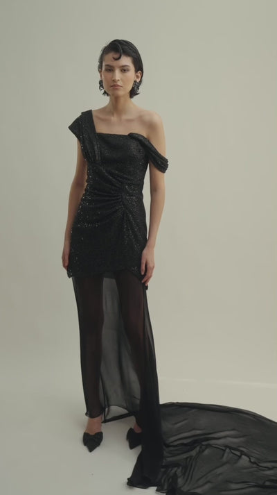 STARDUST DRAPED LONG DRESS VIDEO