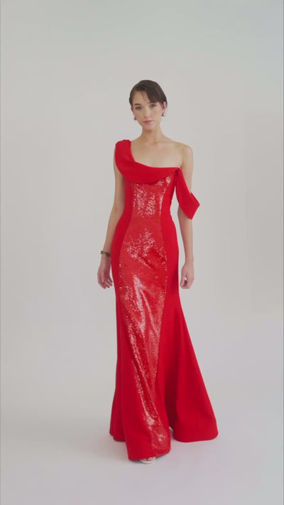 Draped bustier maxi dress fabric detail, SS26