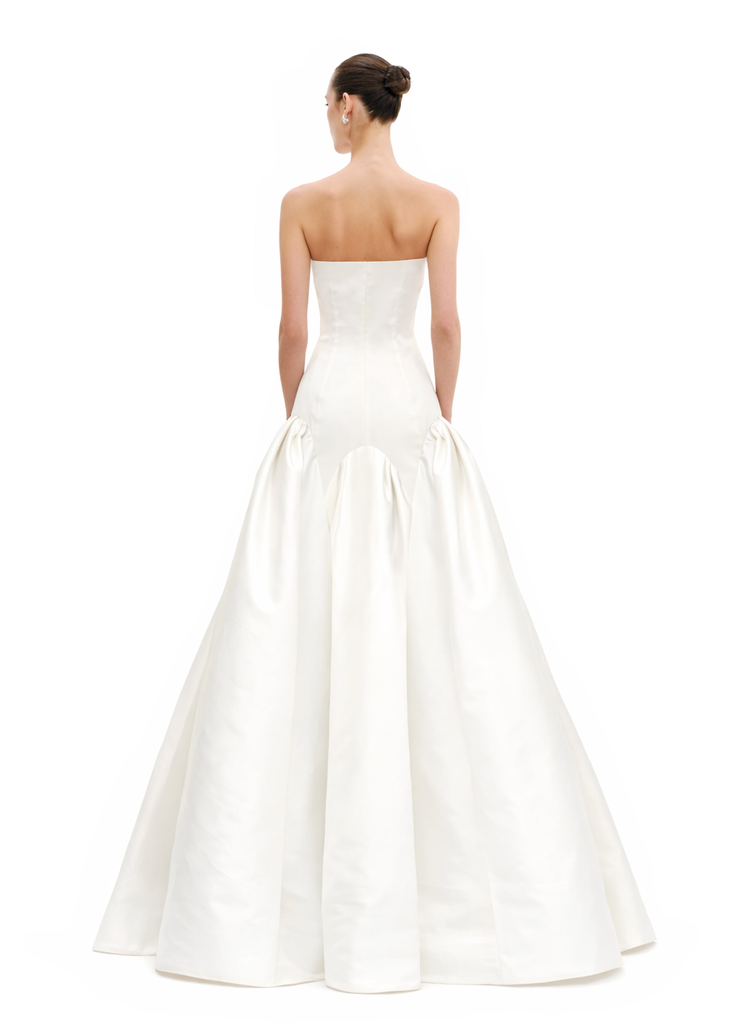 Back view of strapless ball gown with voluminous skirt by Avaro Figlio