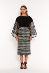 MIDI DRESS WITH BELL EMBOIDERED ARMS AND JACQUARD SKIRT