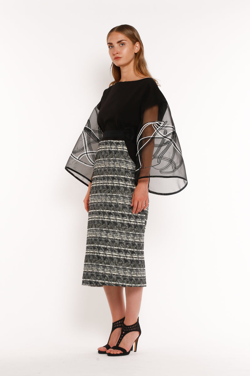 MIDI DRESS WITH BELL EMBOIDERED ARMS AND JACQUARD SKIRT