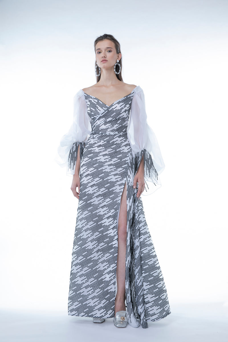 EMBROIDERED ORGANZA OFF - SHOULDER DRESS