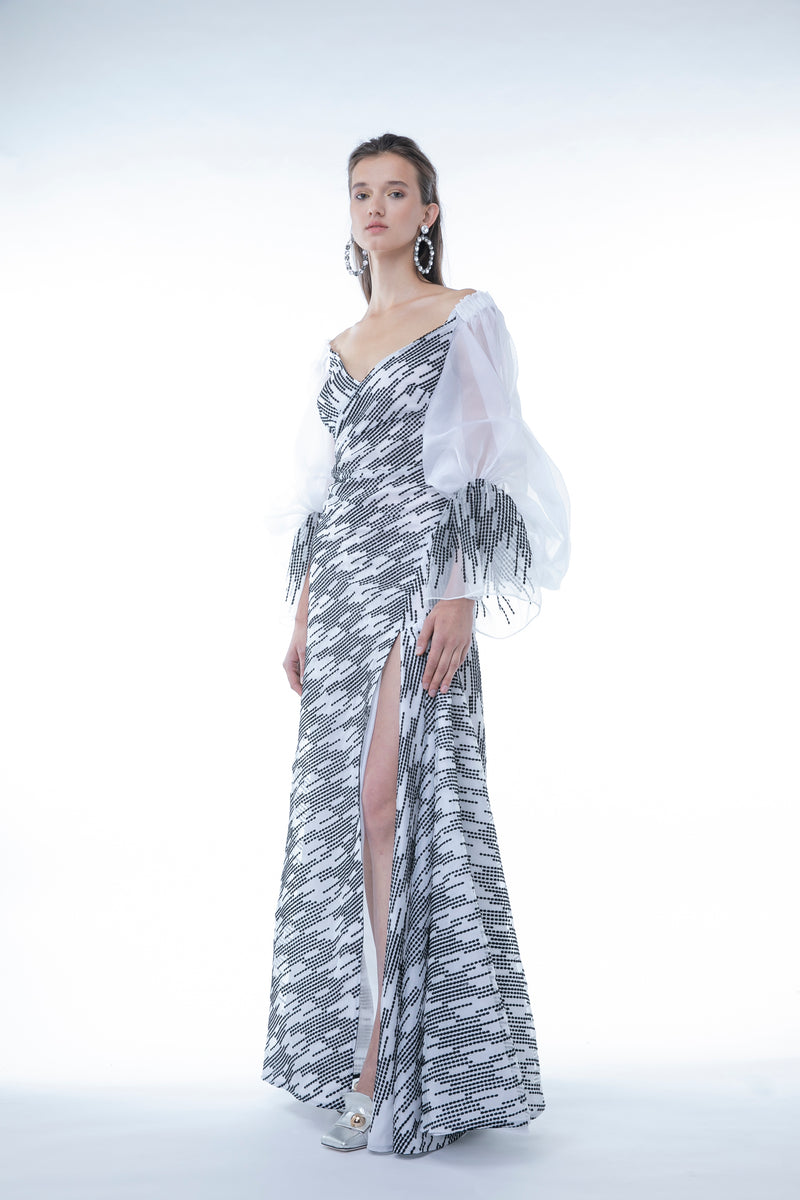 EMBROIDERED ORGANZA OFF - SHOULDER DRESS