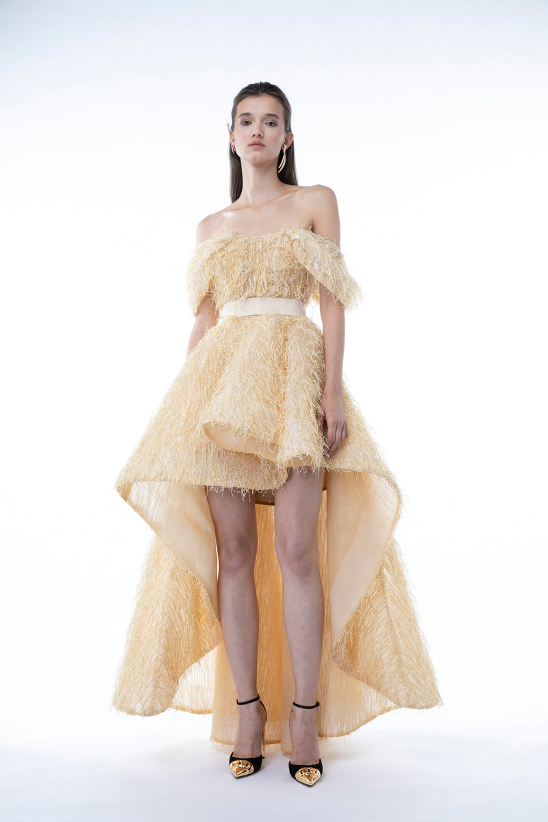 GOLD FEATHERS ASYMMETRIC GOWN