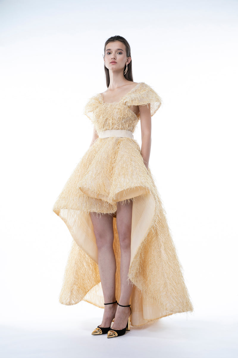 GOLD FEATHERS ASYMMETRIC GOWN